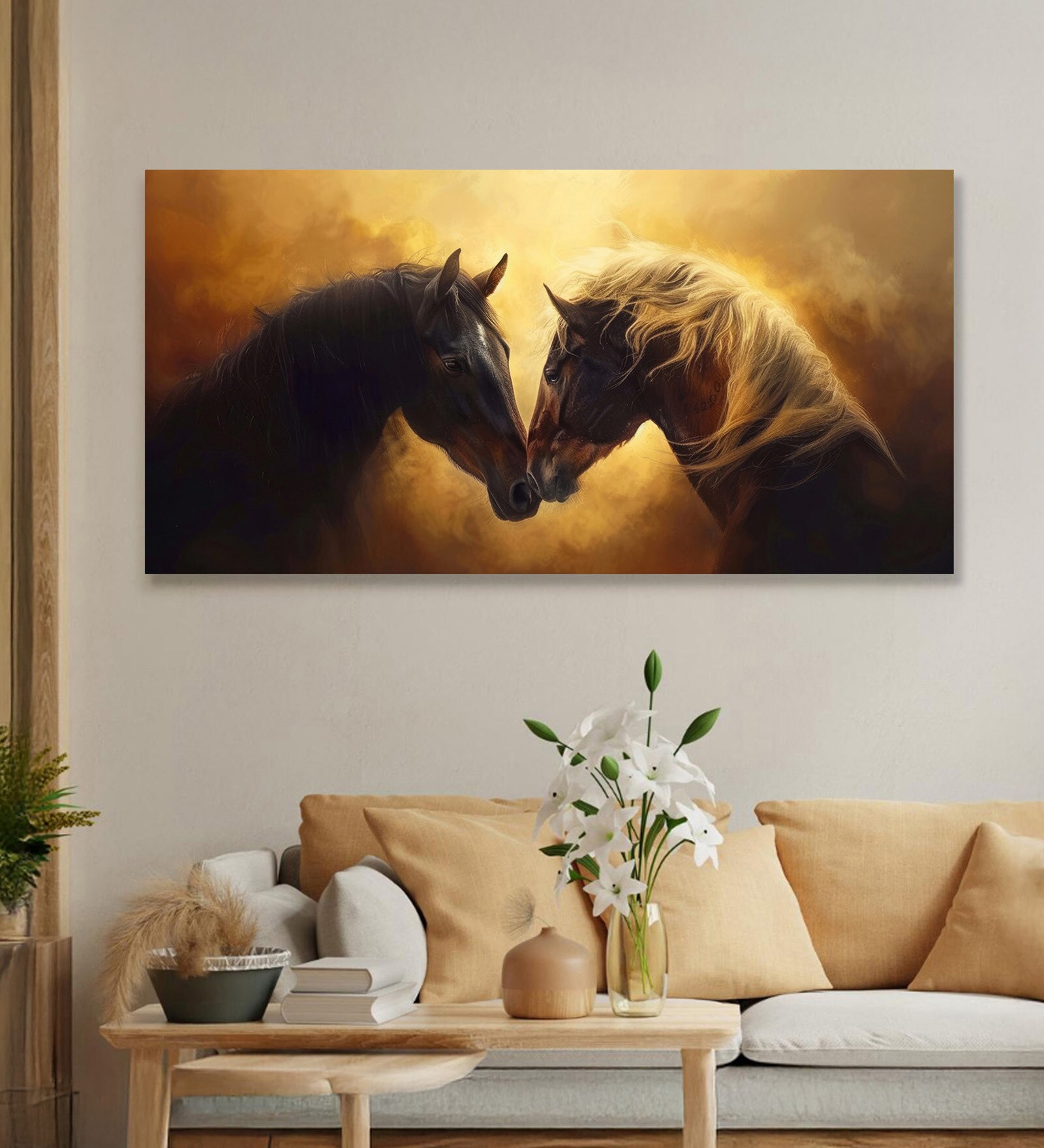 Canvas Framed Majestic Equine Encounter in Art Wall Painting(18X36 Inch)