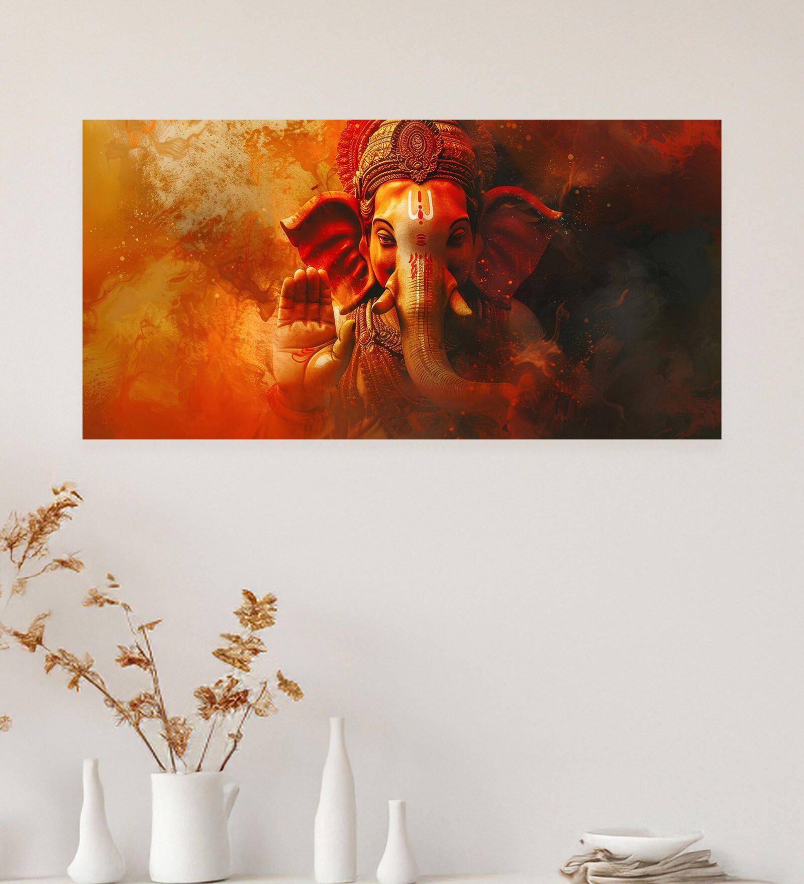 Canvas Framed Majestic Ganesha on Orange Canvas Wall Painting(24X48 Inch)