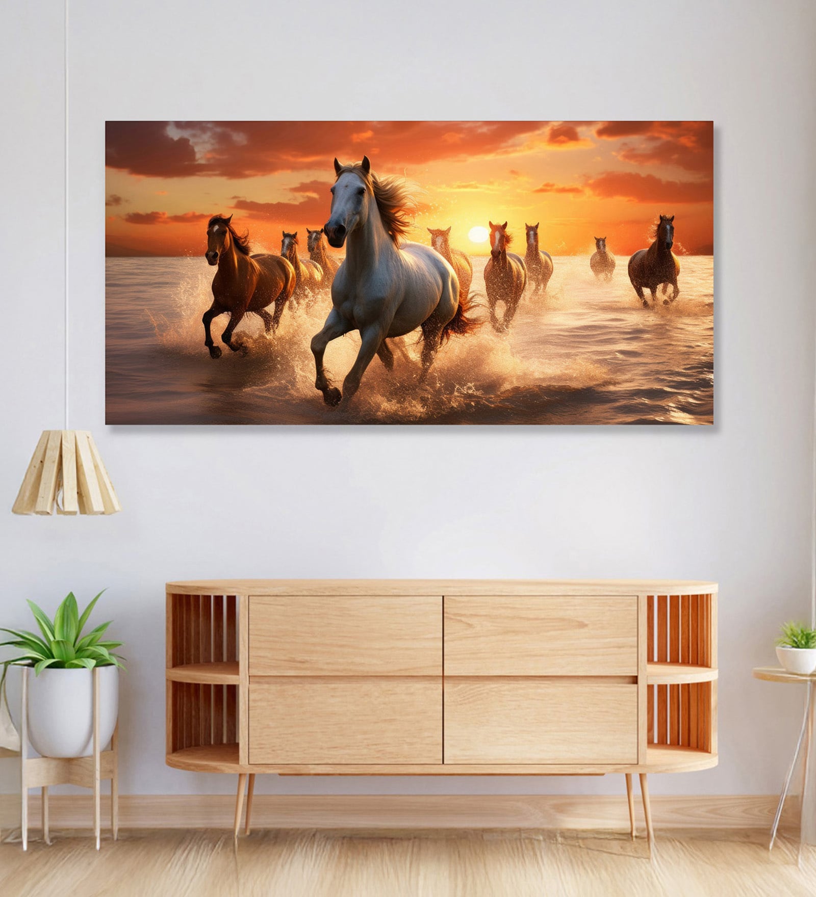 Canvas Framed Majestic Horses Galloping at Sunset Wall Painting(24X48 Inch)