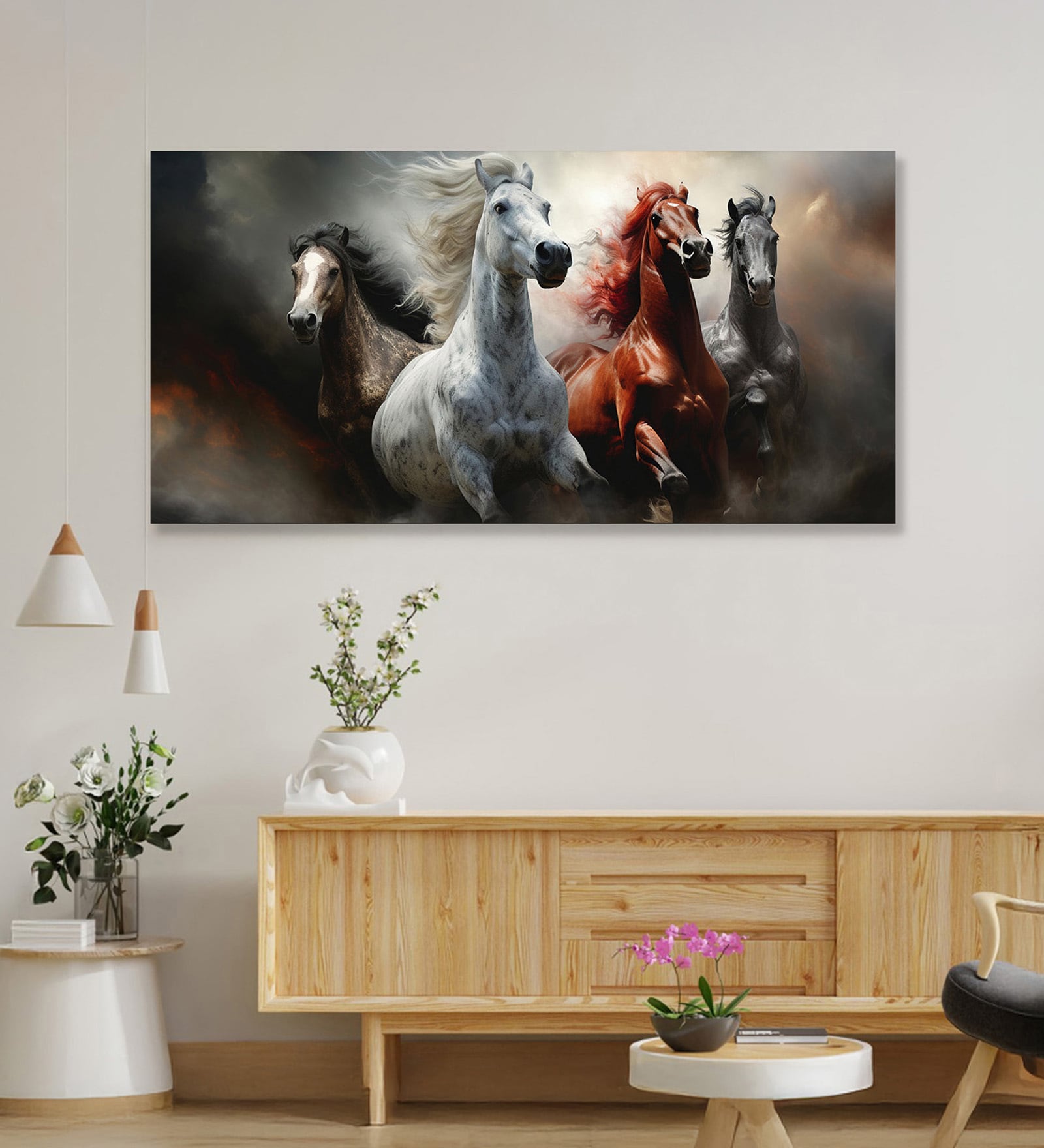 Canvas Framed Majestic Horses in Dramatic Flight Wall Painting(12X24 Inch)