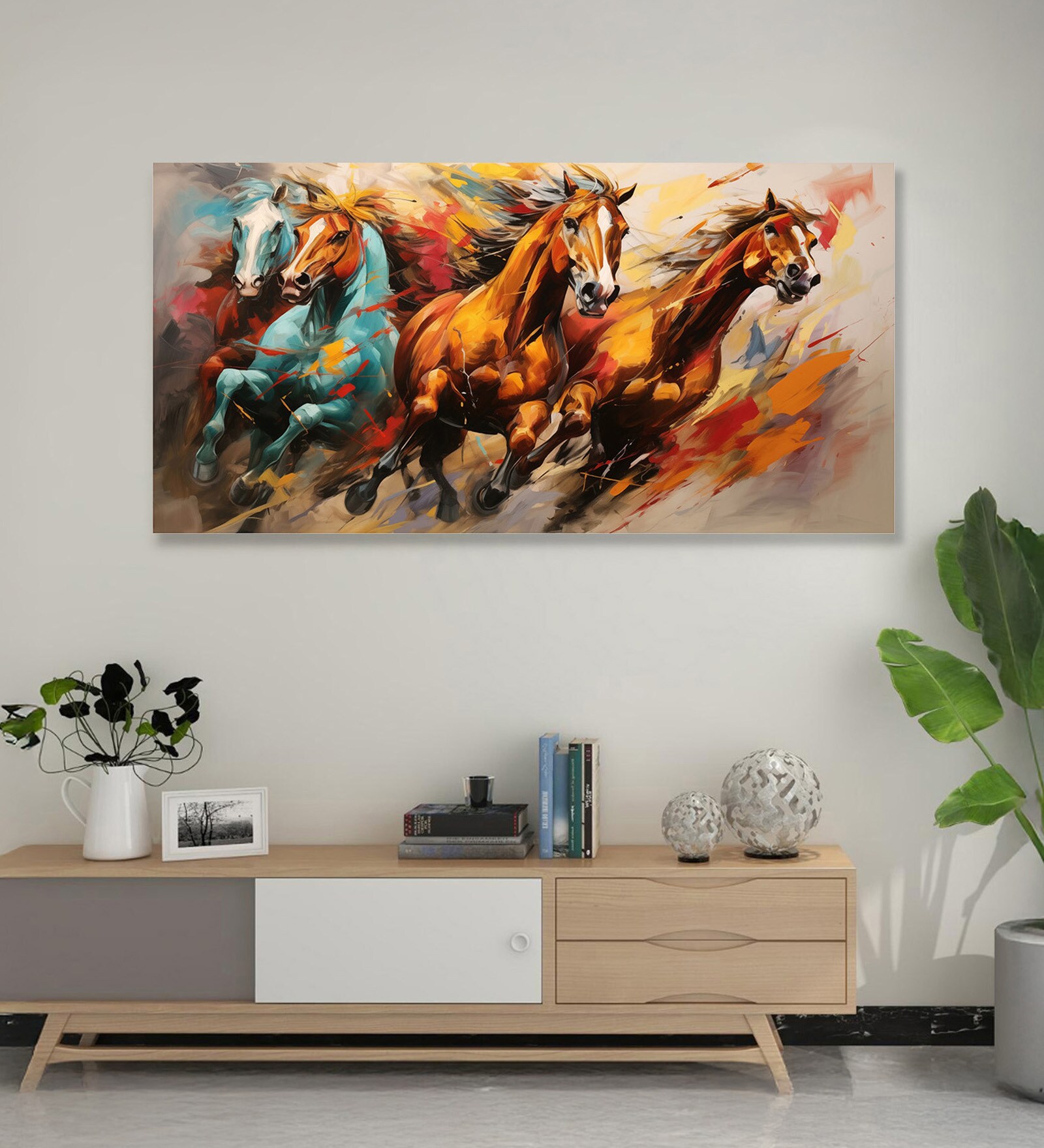 Canvas Framed Majestic Horses in Ethereal Flight Wall Painting(12X24 Inch)
