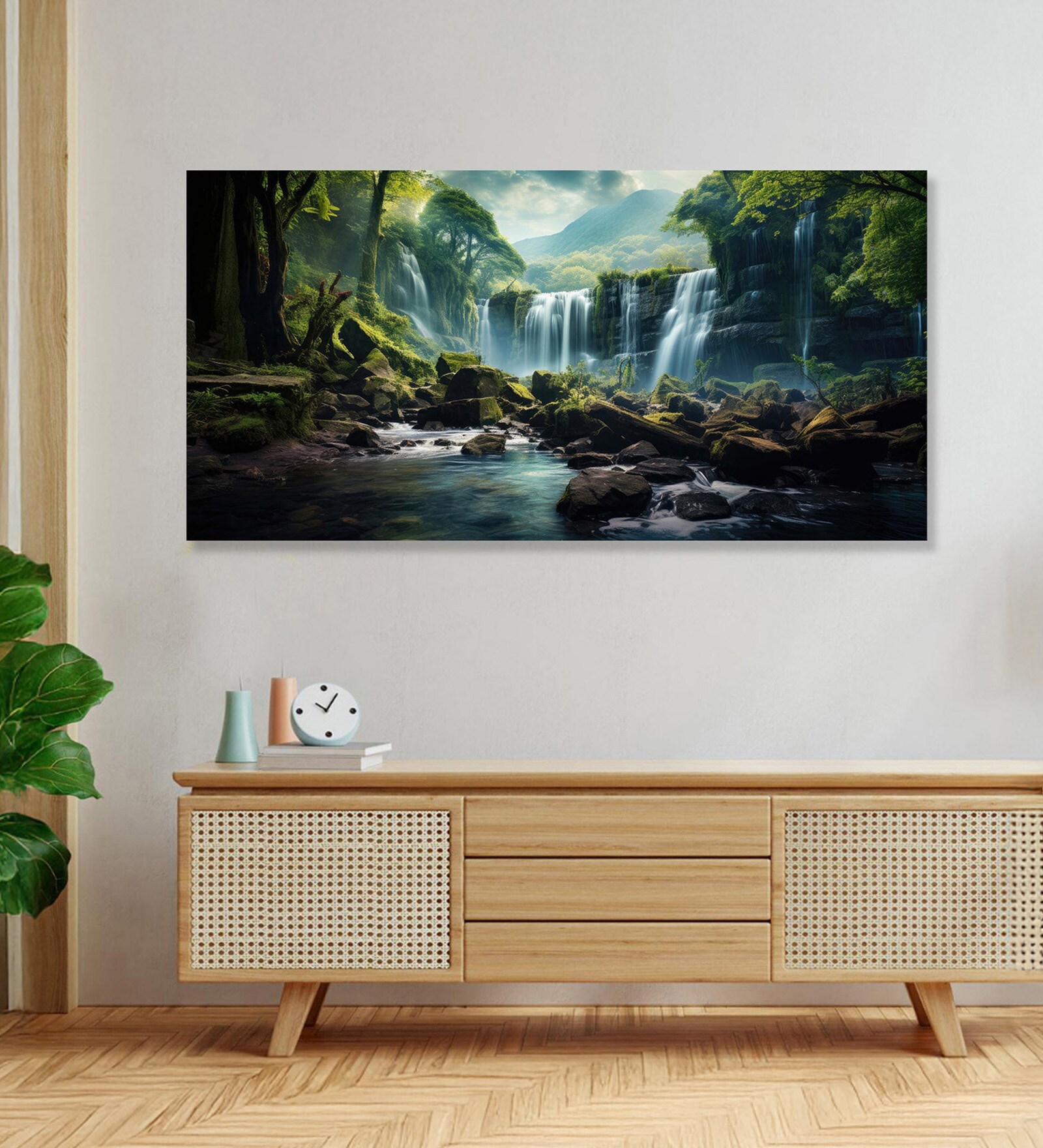 Canvas Framed Serene Forest wild Waterfall Wall Painting(24X48 Inch)