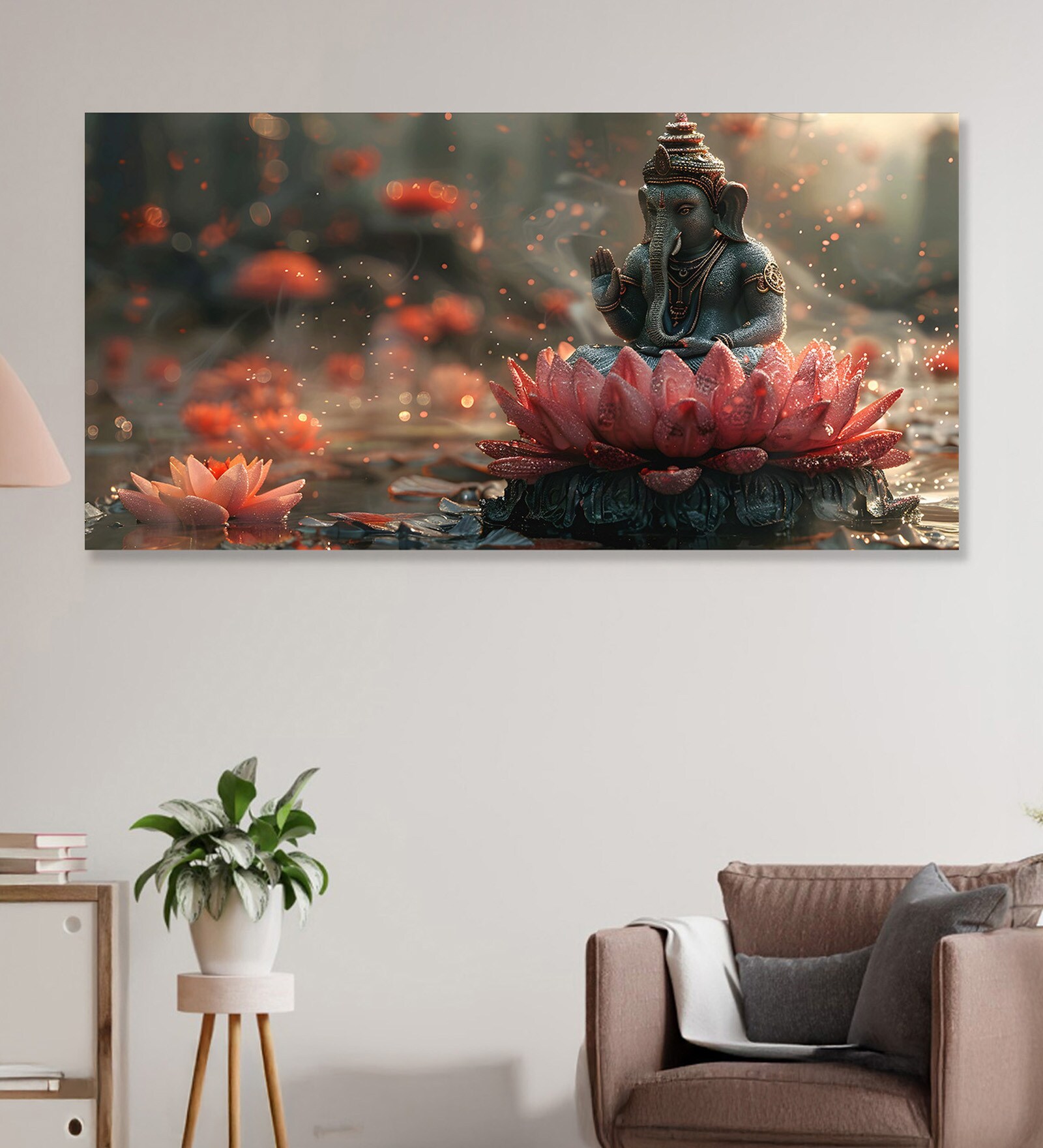 Canvas Framed Serene Ganesha on Lotus Blossom Wall Painting