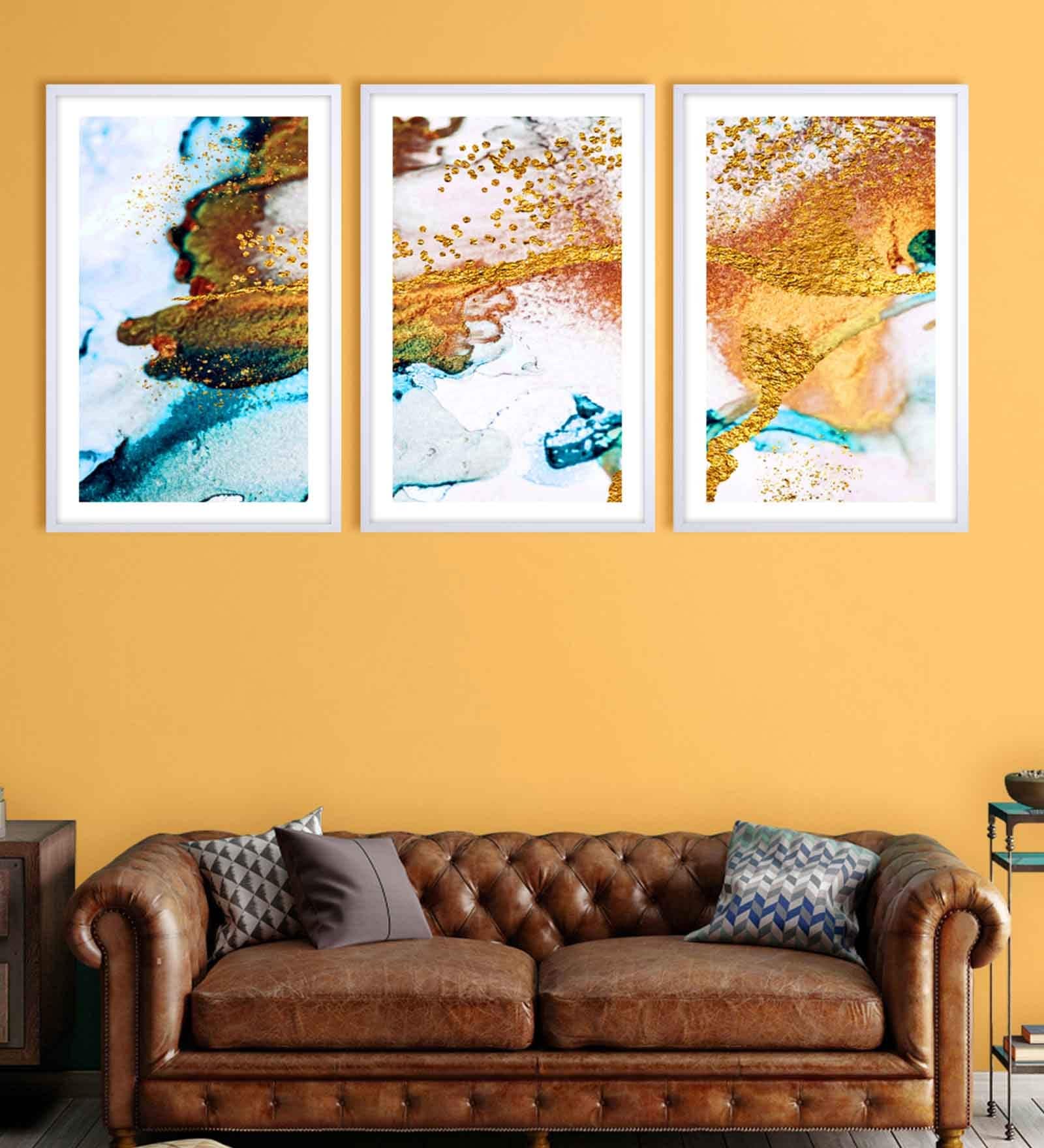 Paneled Gold Cotton Canvas Framed Abstract Art Panel Set of 3