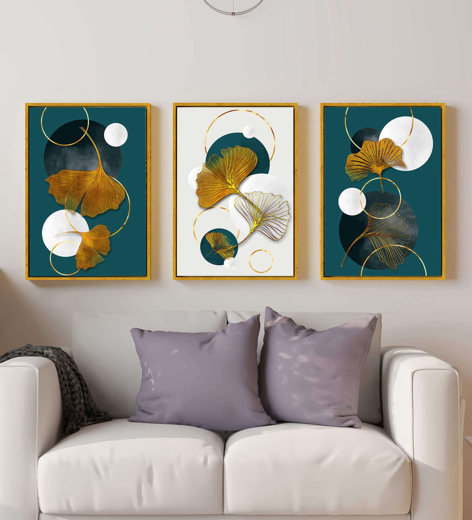 Canvas Prints Abstract Leaf Paintings Green and White Picture Large Gold Ginkgo Biloba