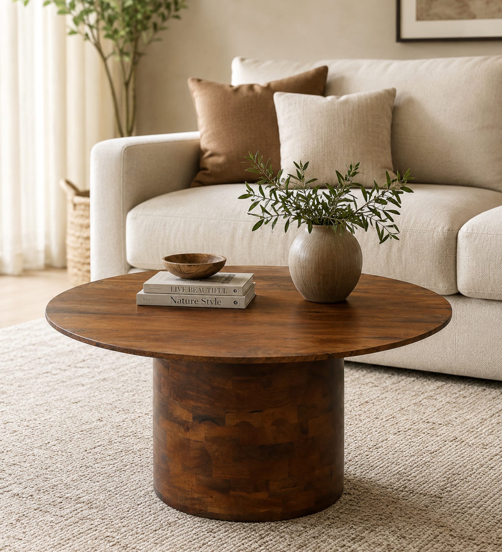 Capri Mango Wood Round Coffee Table in Tubbaq Finish Capri Mango Wood Round Coffee Table in Tubbaq Finish