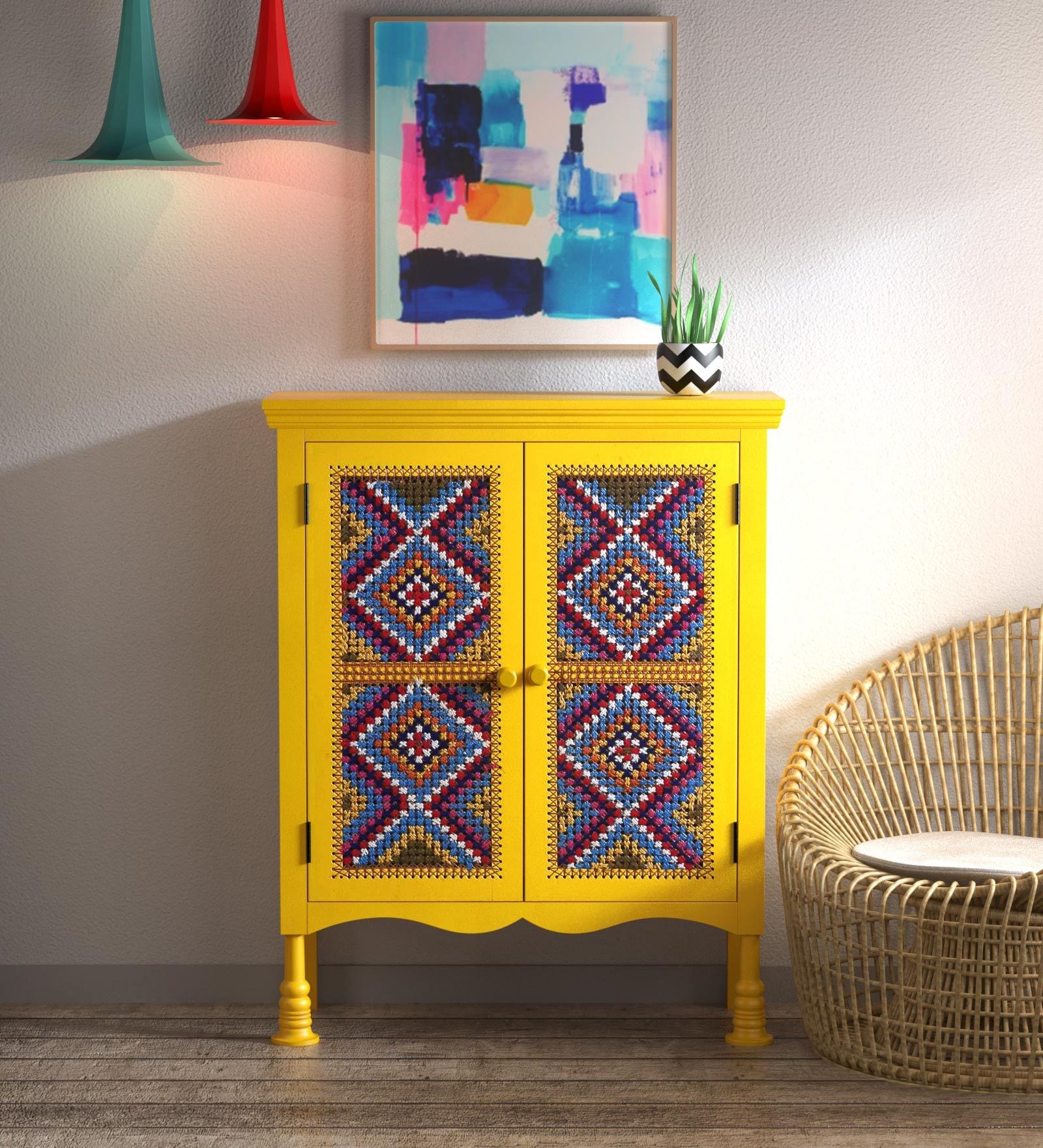 Cara Solid Wood Cabinet in Yellow Colour