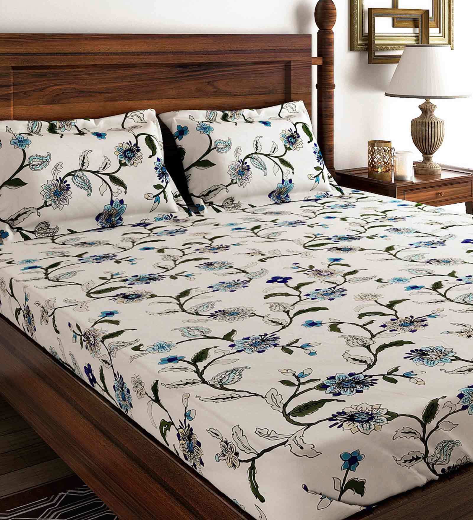 Buy White Floral 180 Tc Cotton 1 Double King Size Bedsheet With 2