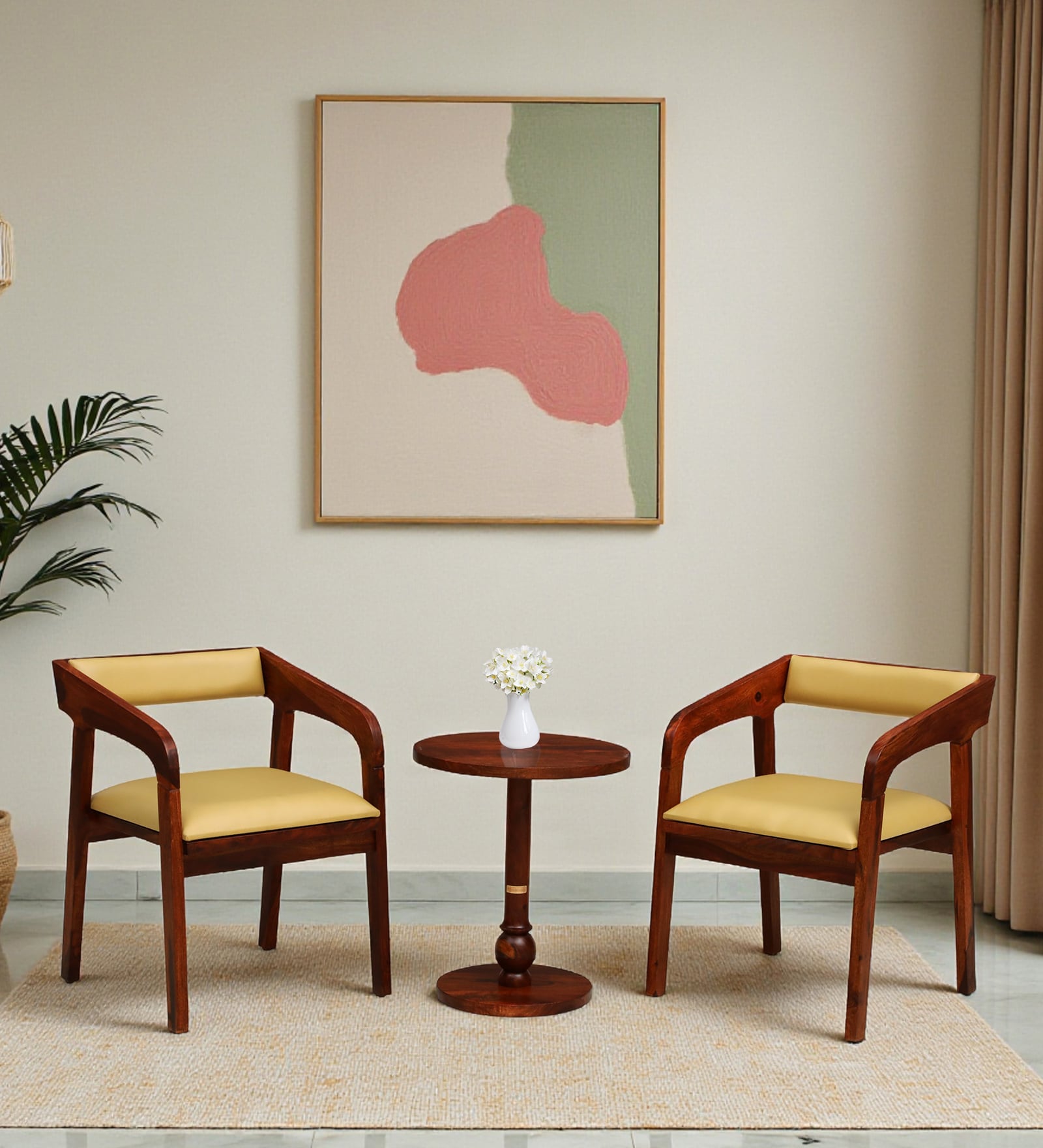 Carden N Sheesham Wood Cafe Table Set In Honey Oak Finish with Back Cushion Carden N Sheesham Wood Cafe Table Set In Honey Oak Finish with Back Cushion