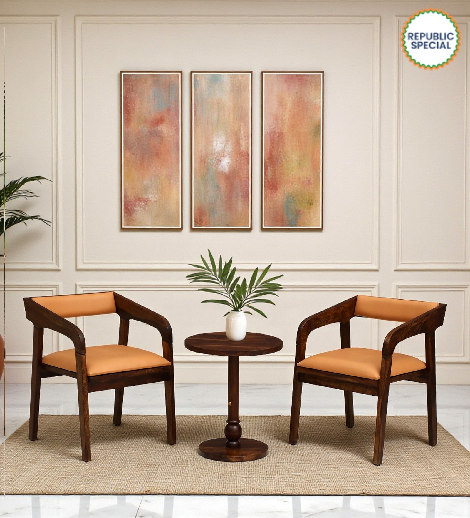 Carden N Sheesham Wood Cafe Table Set In Provincial Teak Finish  with Back Cushion