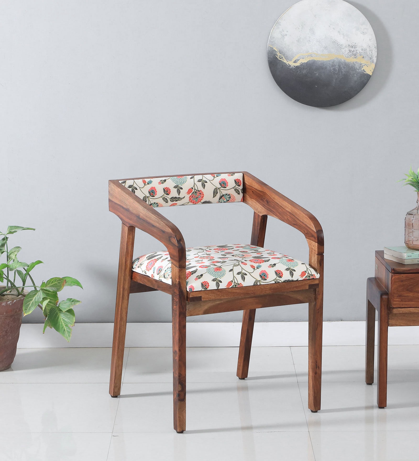 Carden Sheesham Wood Arm Chair with Back Cushion in Scratch Resistant Rustic Teak Finish