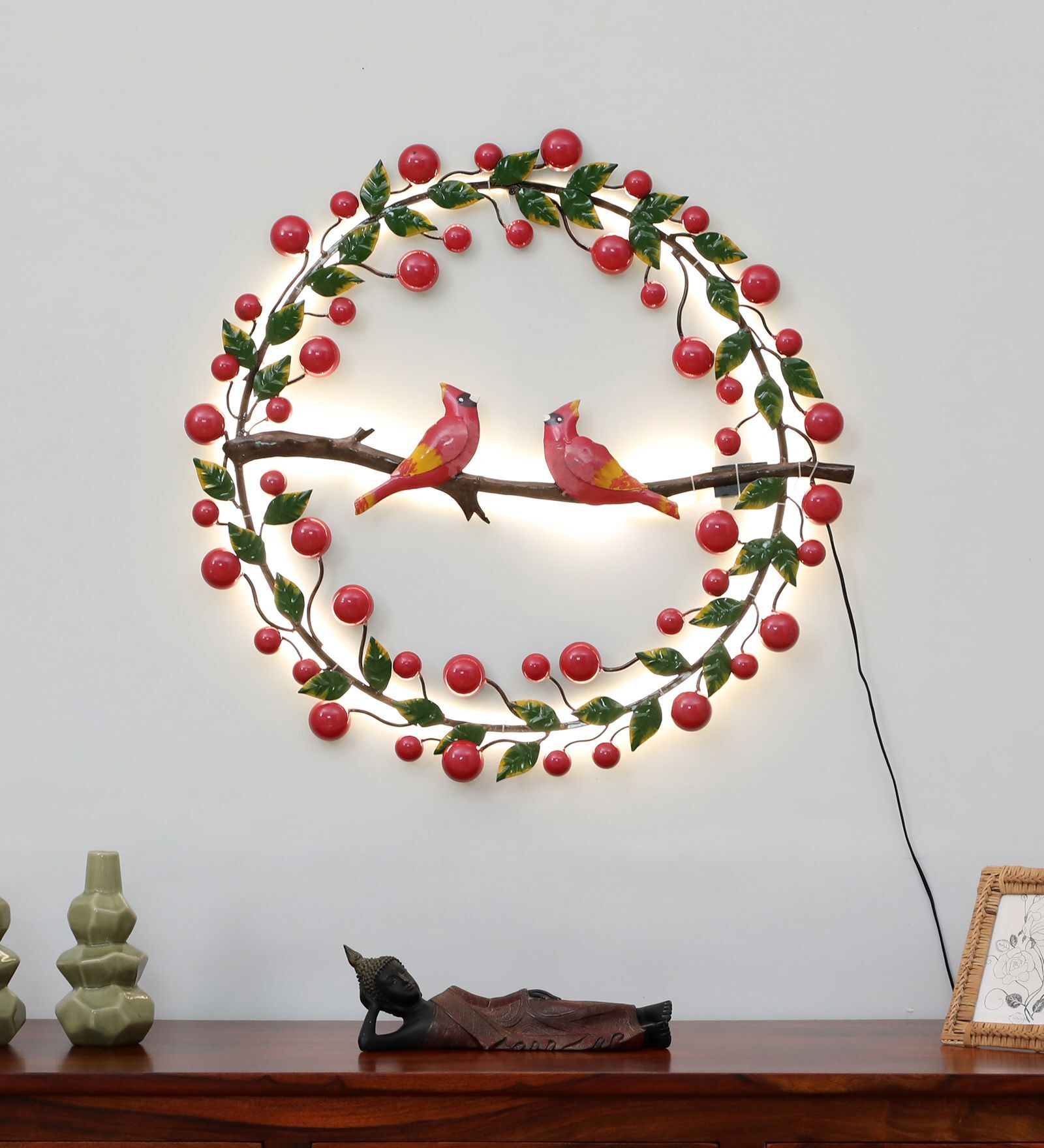 Cardinal Berry Wreath Multicolour Handmade Metal Wall Art