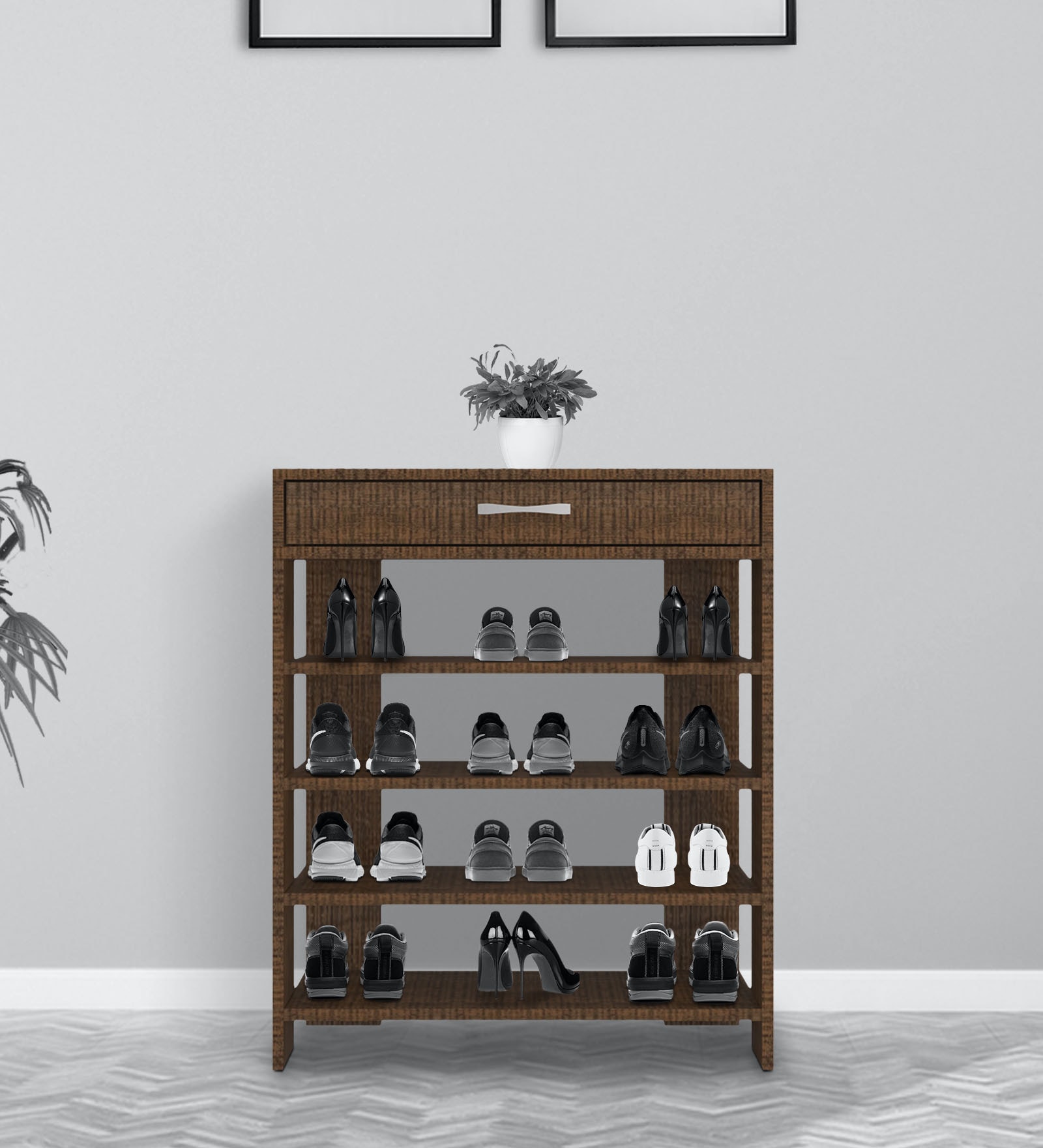 Carina Open Shoe Rack with Drawer in Tawny Cambric Finish