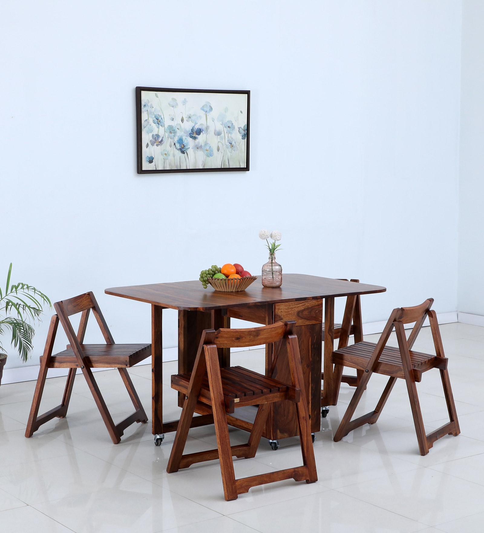 Carion Sheesham Wood 4 Seater Foldable Dining Set In Scratch Resistant Honey Oak Finish