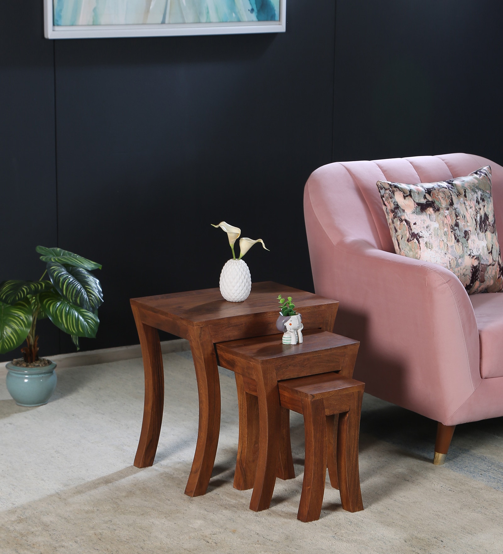 Carissa Solid Wood Nest of Tables in Natural Finish (Set Of 3)