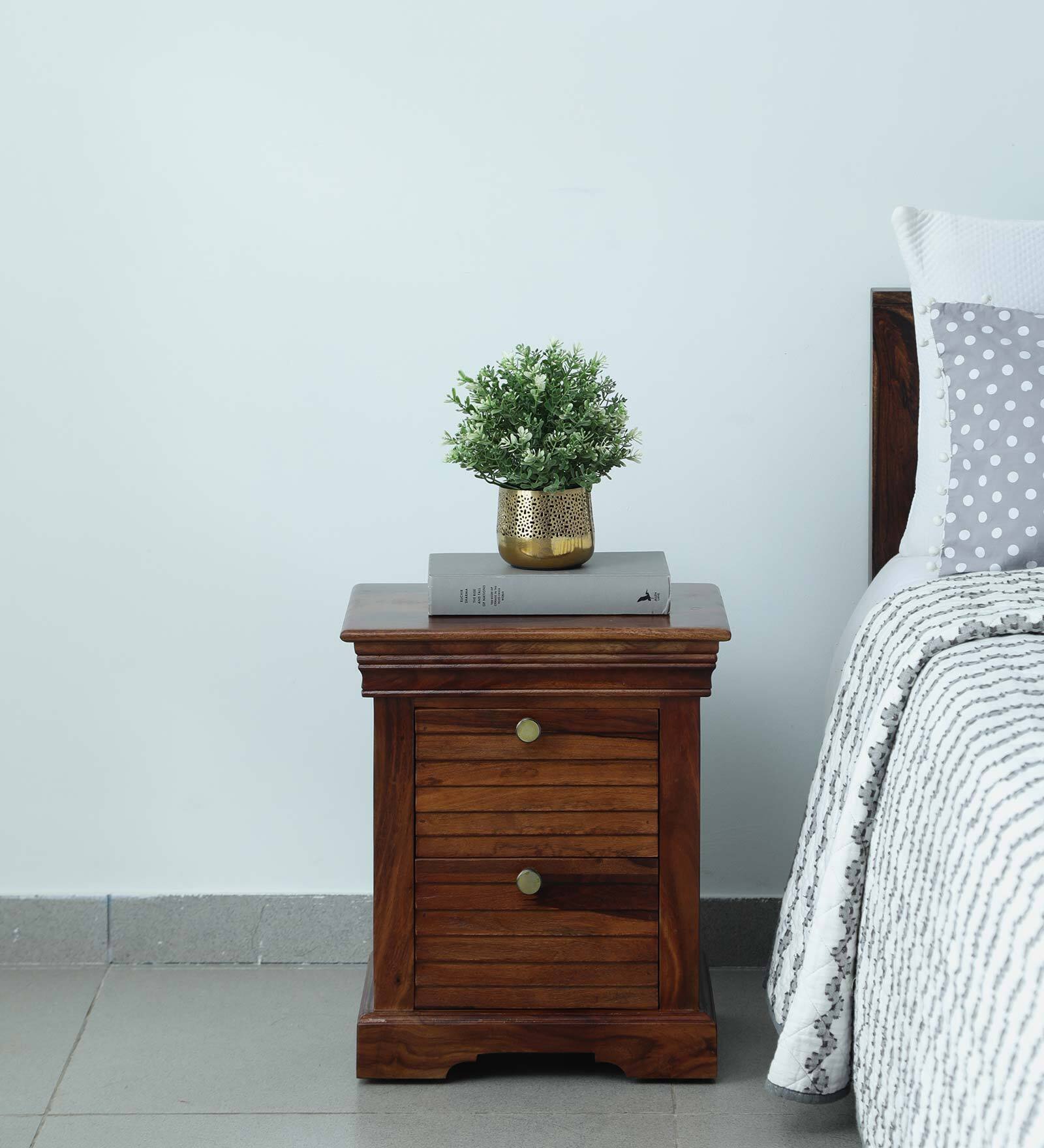 Carleson Sheesham Wood Bedside Table In Provincial Teak Finish With Drawers