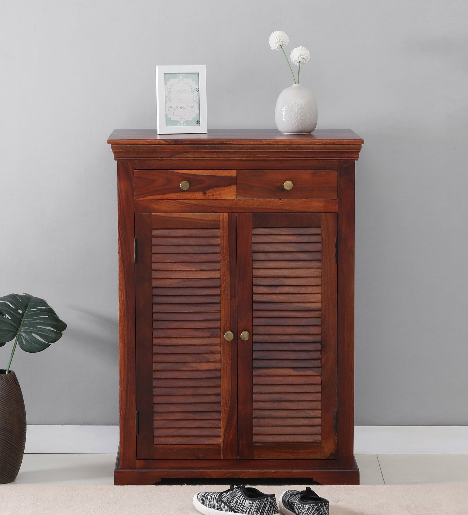 Carleson Sheesham Wood Shoe Cabinet In Honey Oak Finish