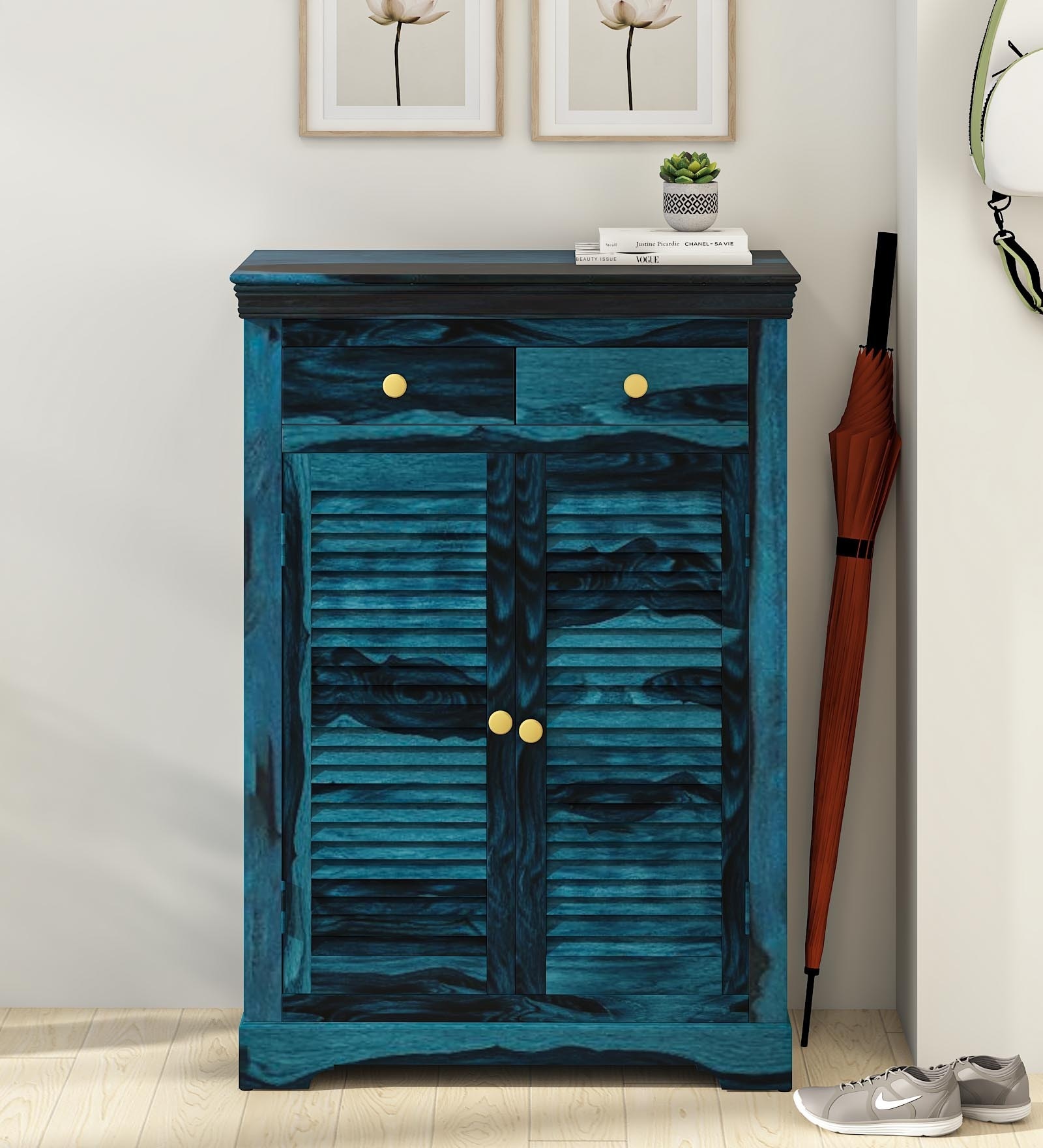 Carleson Sheesham Wood Shoe Cabinet In Scratch Resistant Ocean Blue Finish