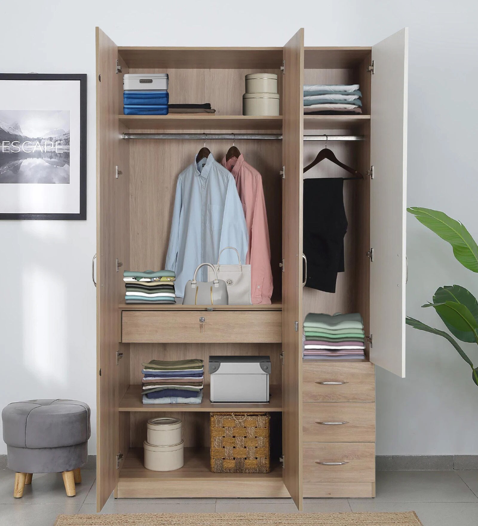 Carmen 3 Door Wardrobe In Frosty White & French Oak Finish With Drawers