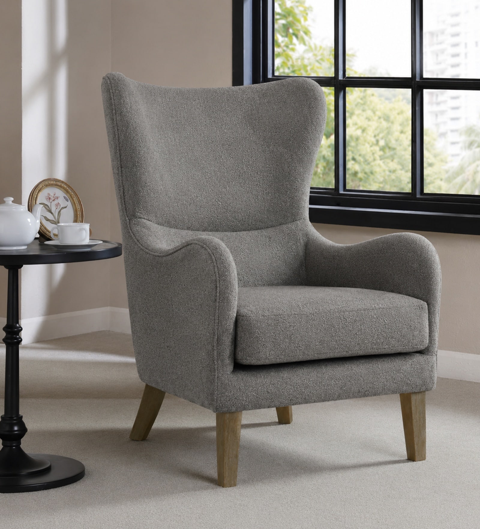 Carolina Walnut Finish Boucle fabric Wing Chair In Grey Colour