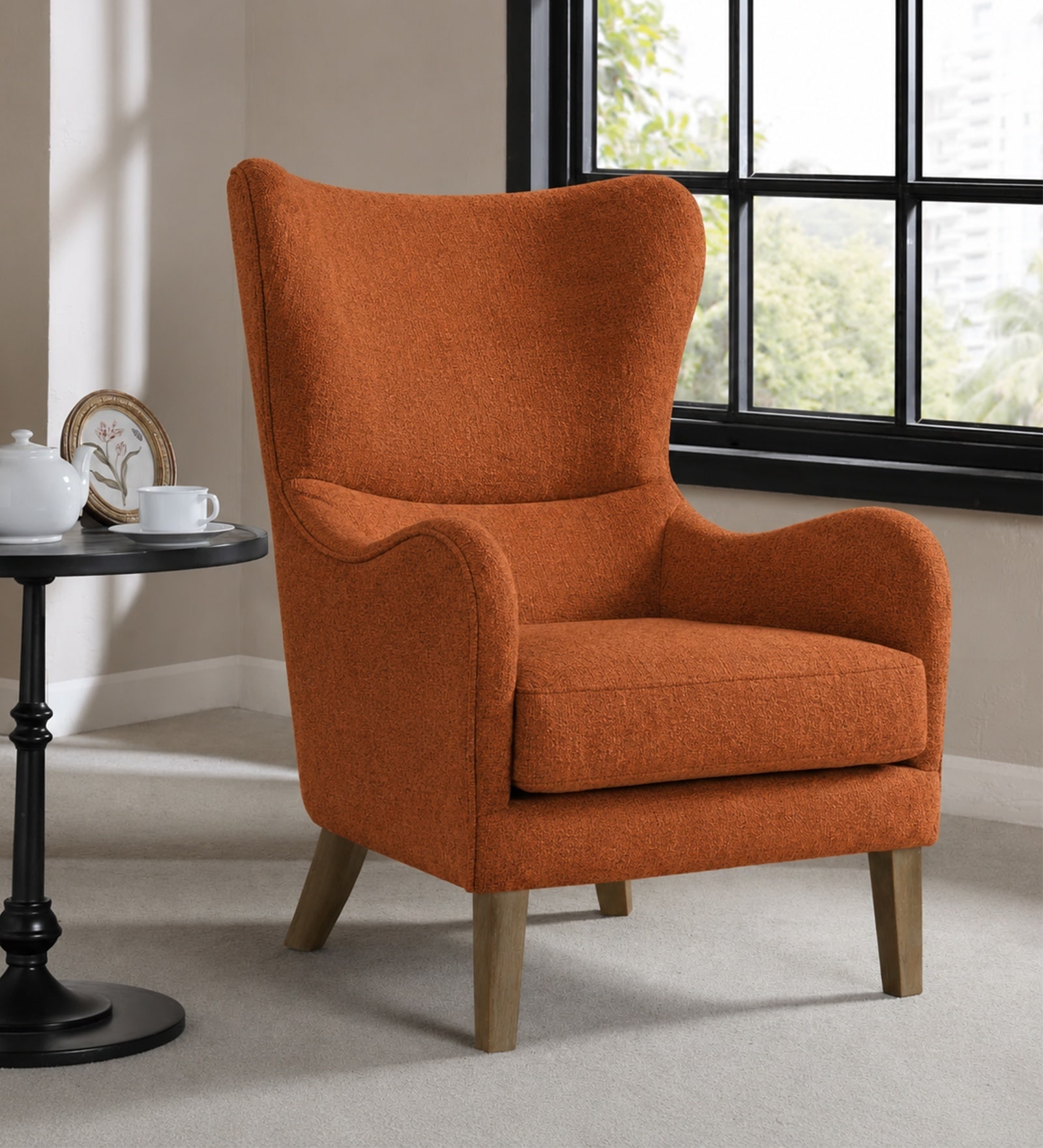 Carolina Walnut Finish Boucle fabric Wing Chair In Orange Colour