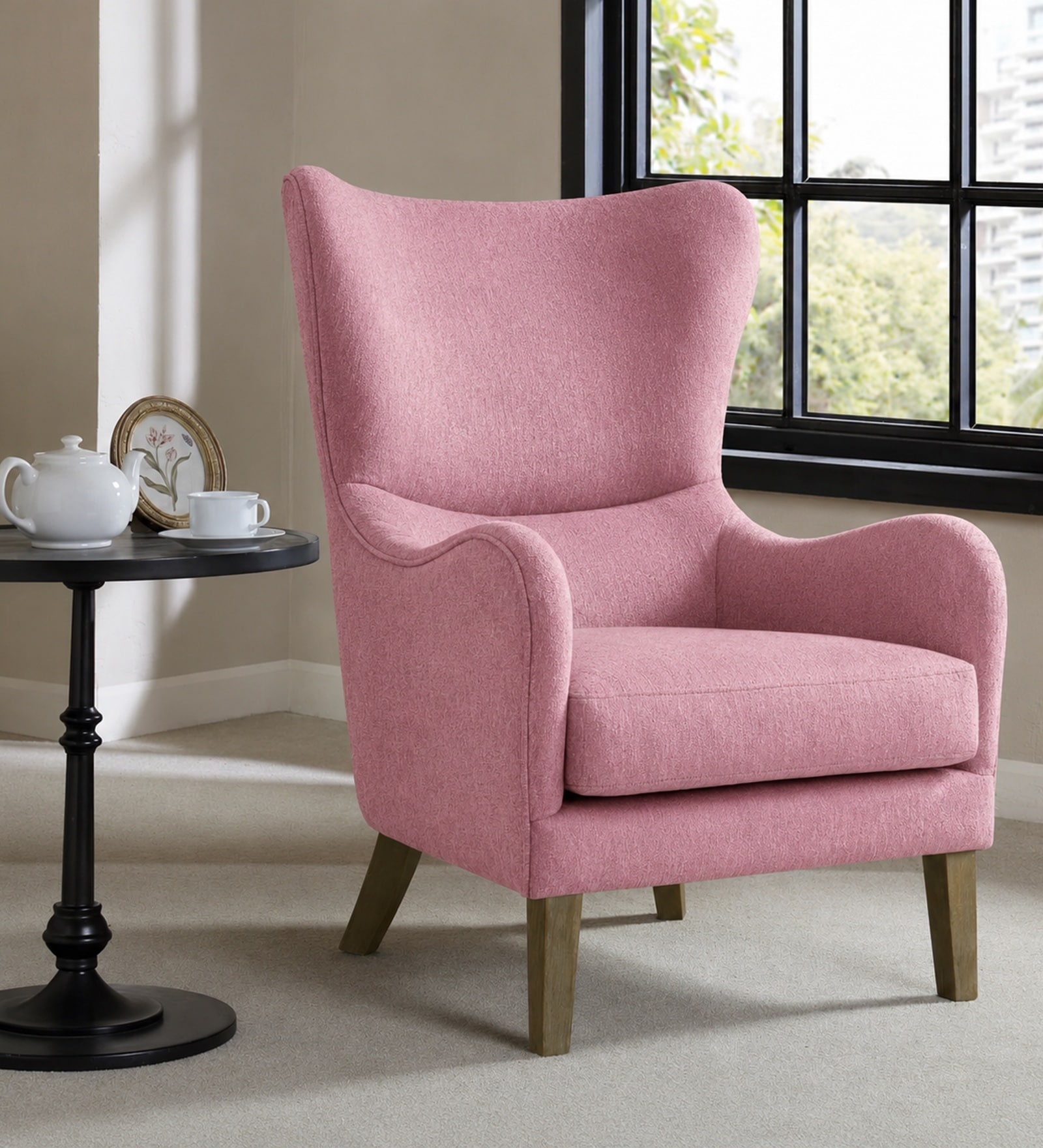 Carolina Walnut Finish Boucle fabric Wing Chair In Pink Colour