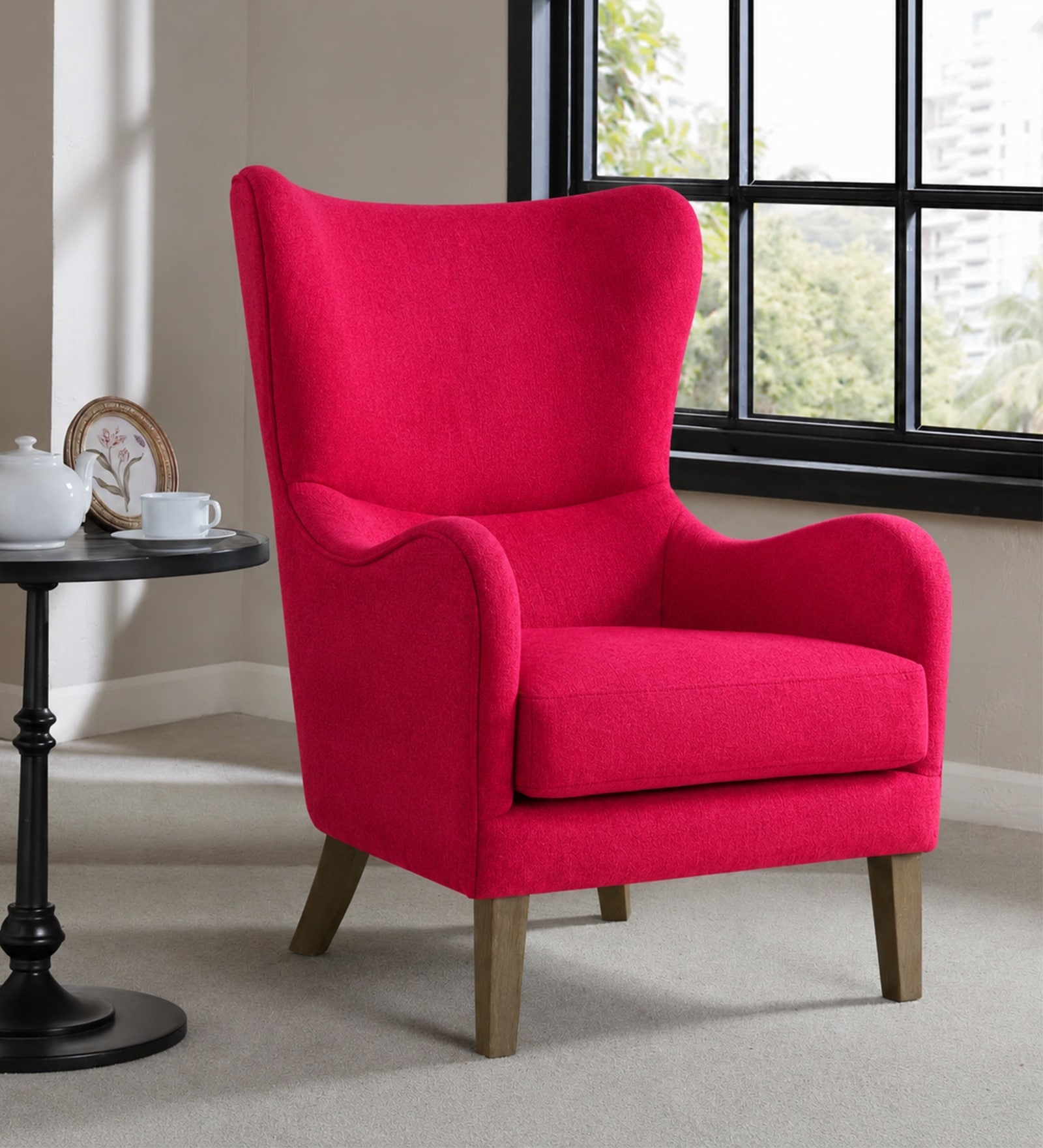 Carolina Walnut Finish Boucle fabric Wing Chair In Red Colour