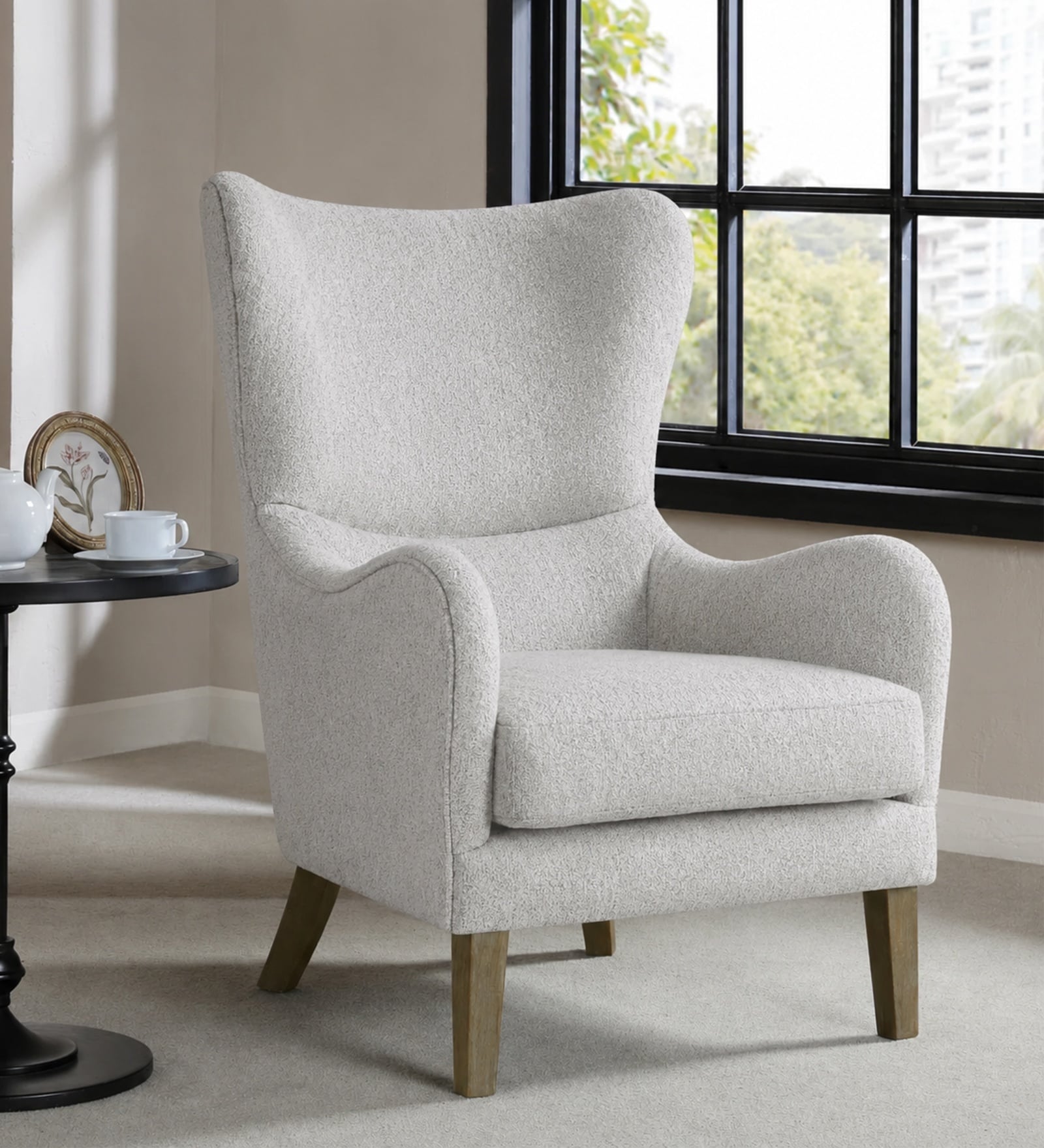 Carolina Walnut Finish Boucle fabric Wing Chair In White Colour