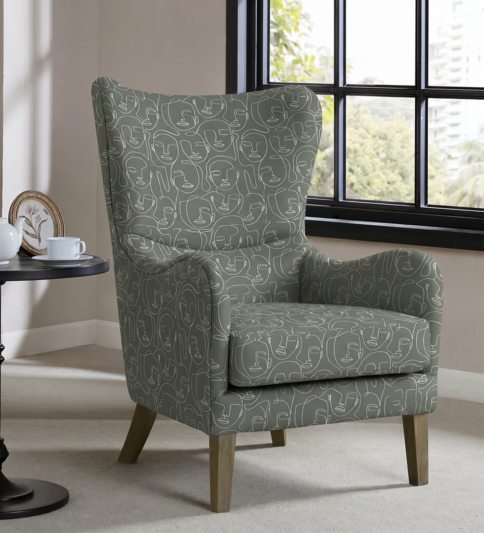 Carolina Walnut Finish Wing Chair Printed Human Canvas Carolina Walnut Finish Wing Chair Printed Human Canvas