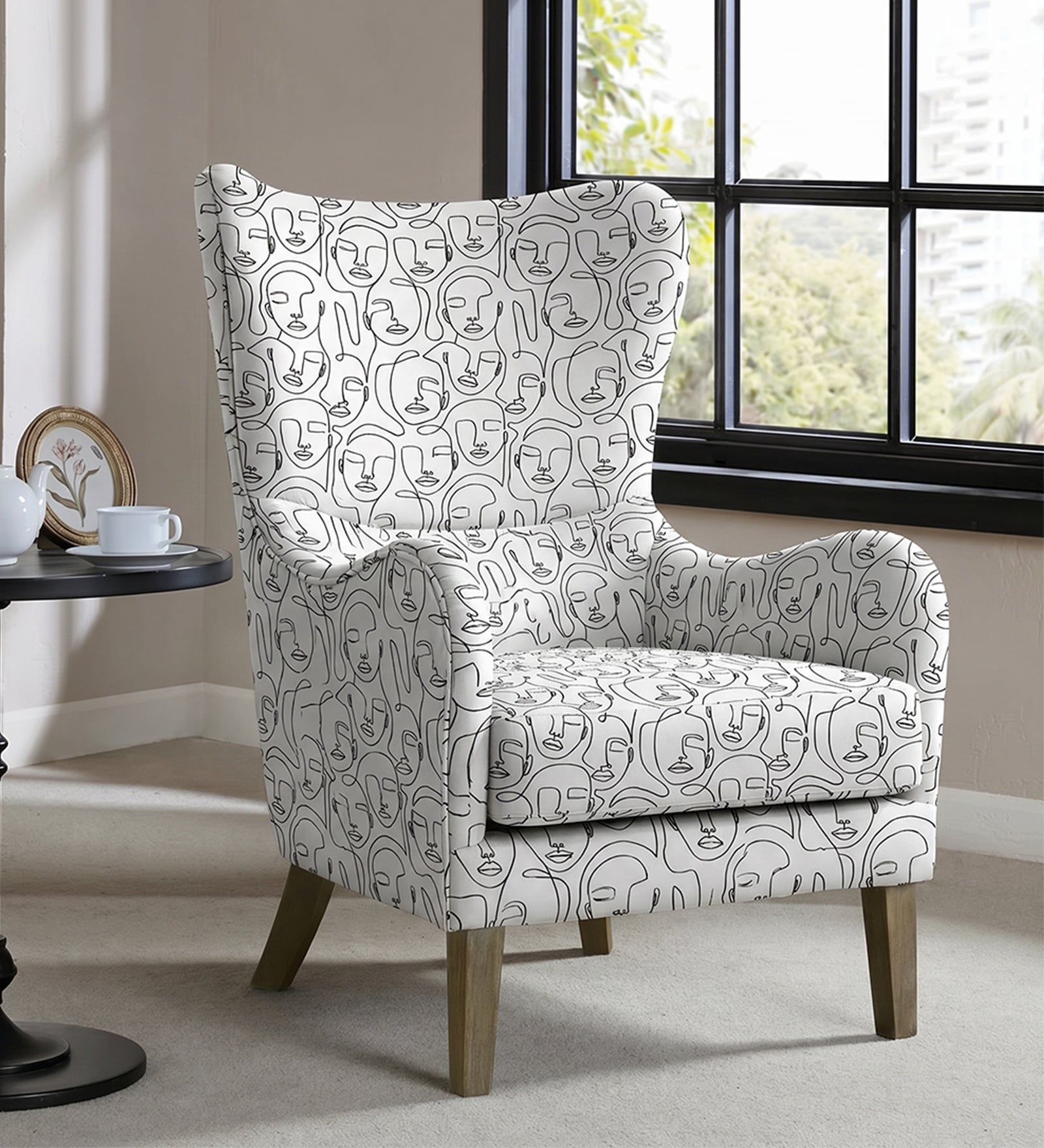 Carolina Walnut Finish Printed Human Canvas Fabric Wing Chair In White Colour