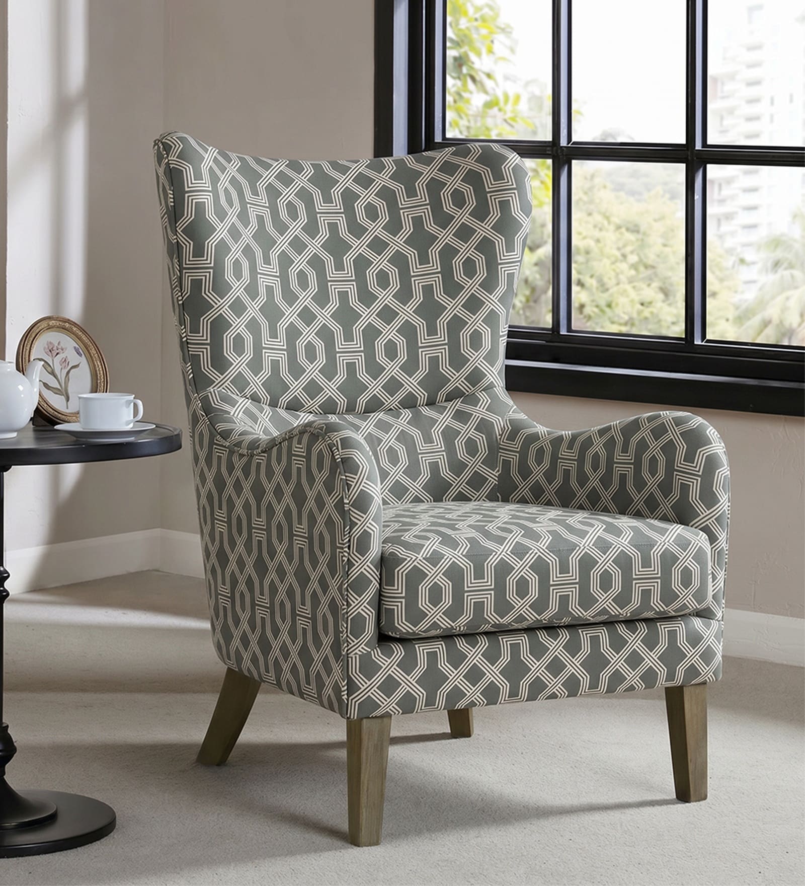 Carolina Walnut Finish Printed Infinity Grid Fabric Wing Chair In Green Colour