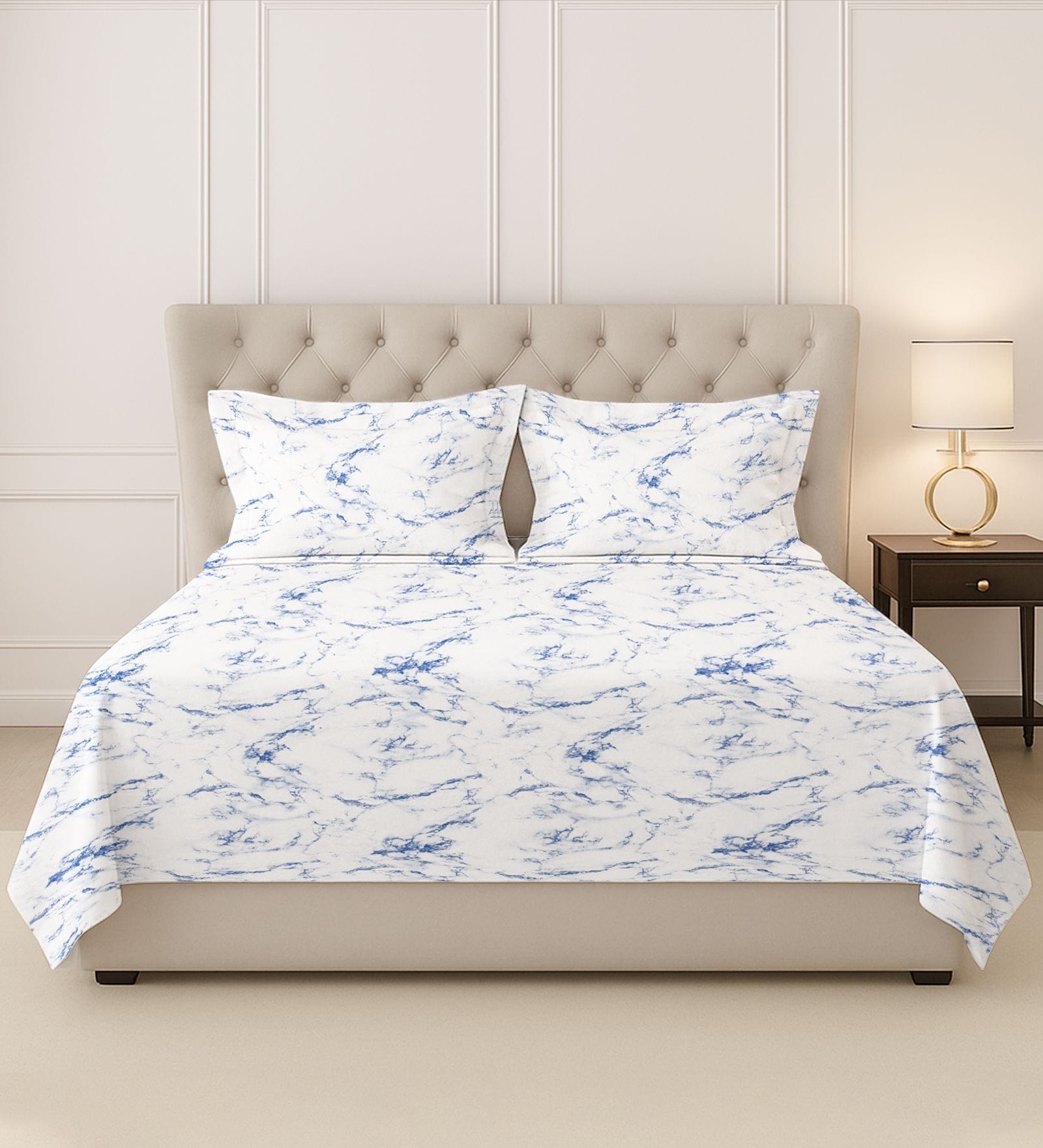 Carrara Marble Blue Printed 400 TC Cotton Super King Sized Bedsheet with 2 Pillow Covers