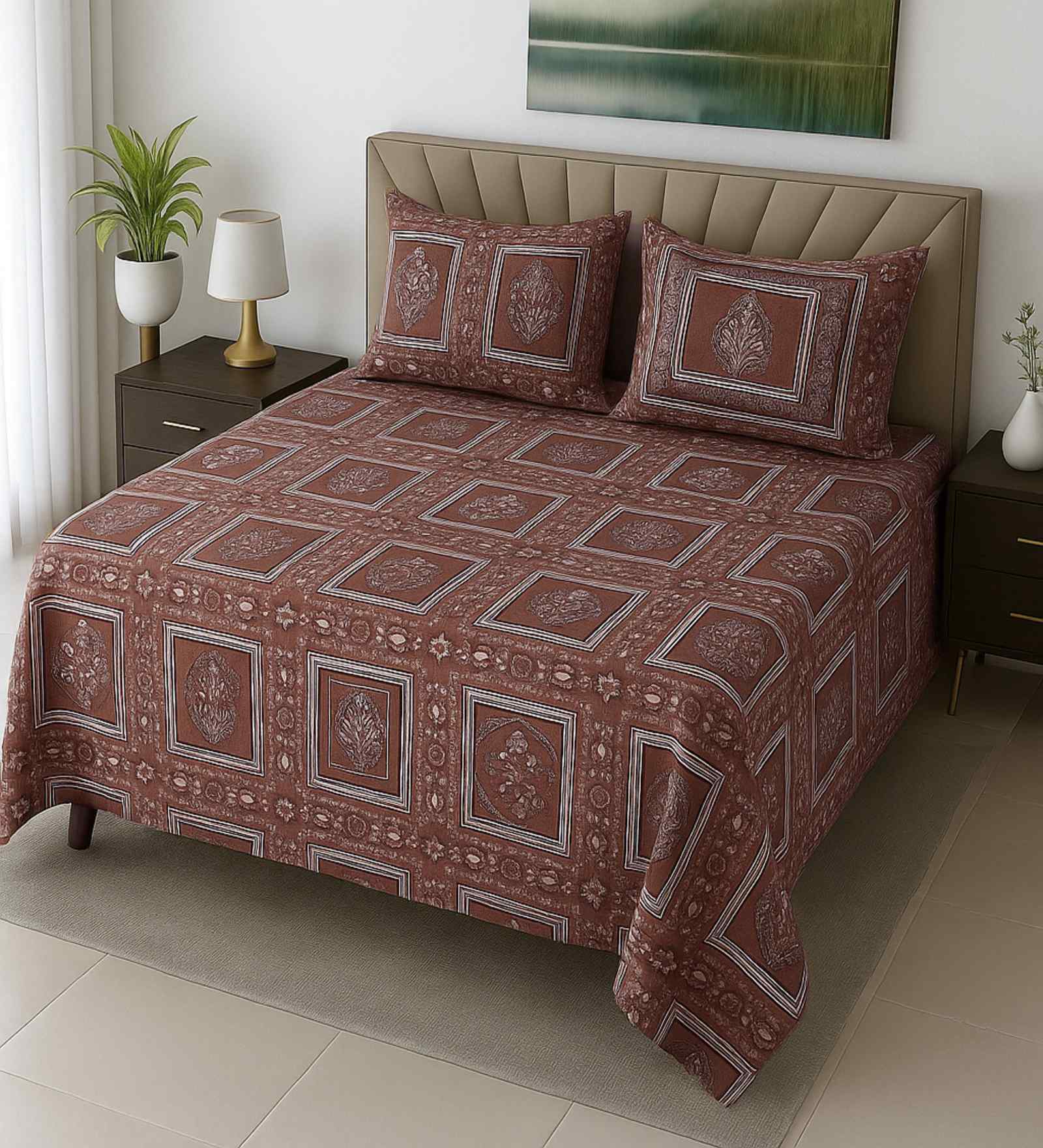 Carrot Floral 400 TC Cotton Queen Size Bedsheet with 2 Pillow covers Essential Series Collection