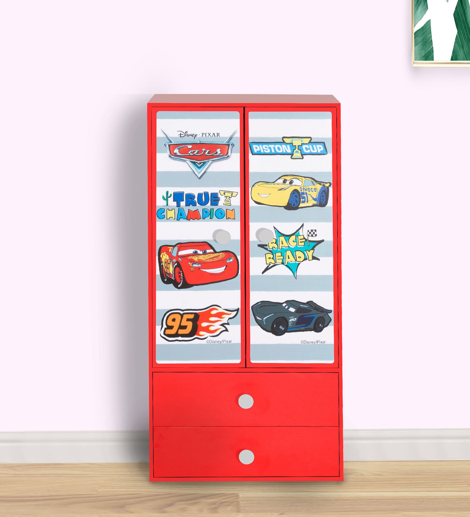Cars 2 Door Theme Wardrobe with Drawers in Red Colour