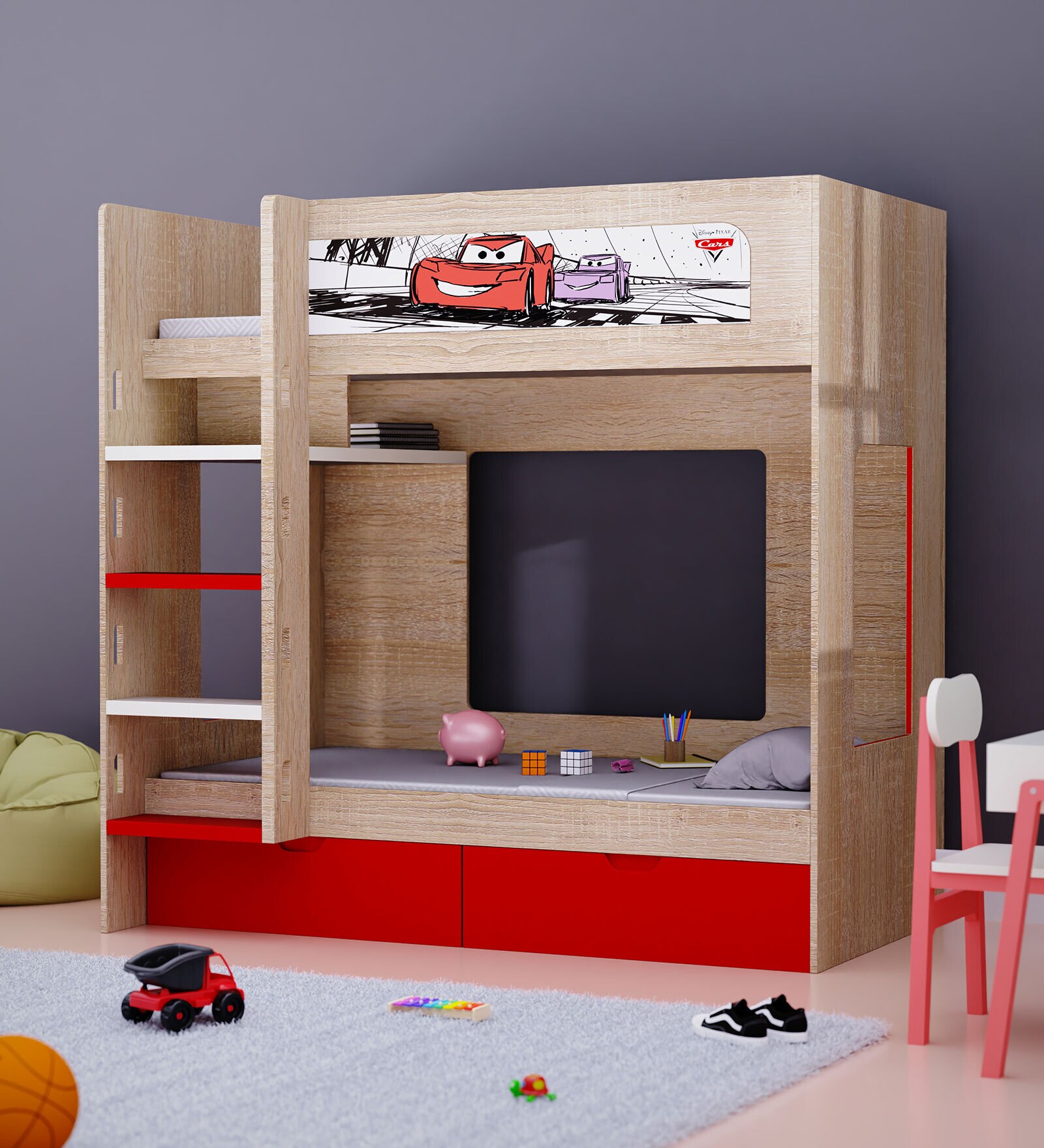 Cars Bunk Bed in Oak Finish with Drawer Storage