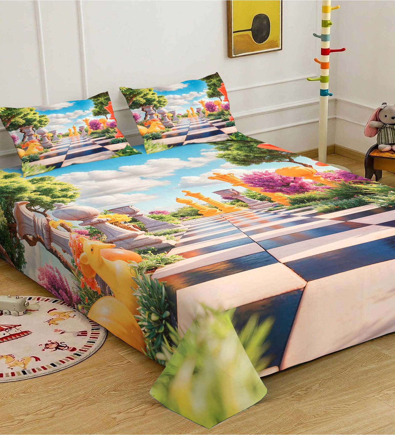 Cartoon Characters 7D King Size Cotton Blend Double Bedsheet with 2 Pillow Covers