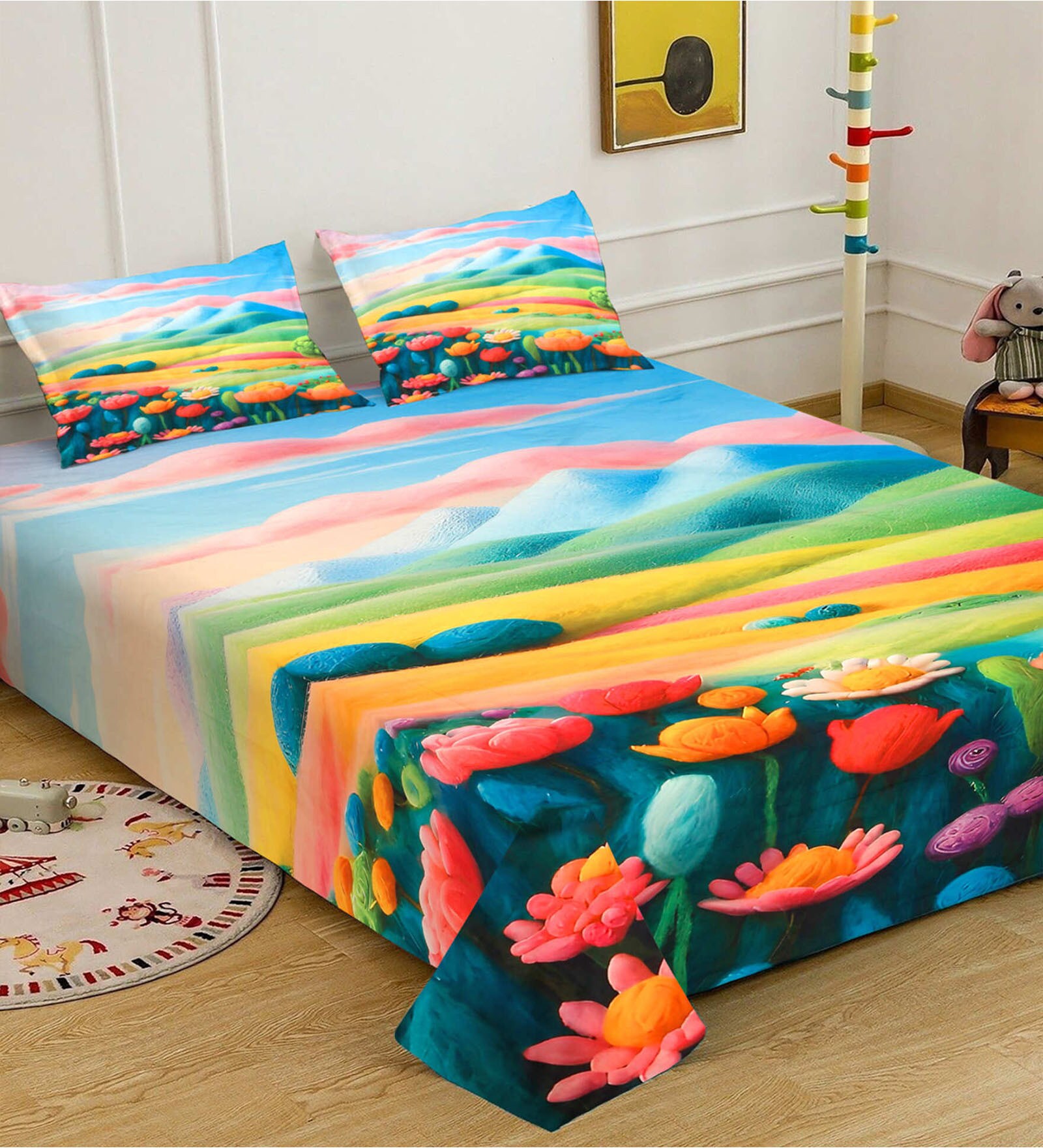 Cartoon Characters 7D King Size Cotton Blend Double Bedsheet with 2 Pillow Covers