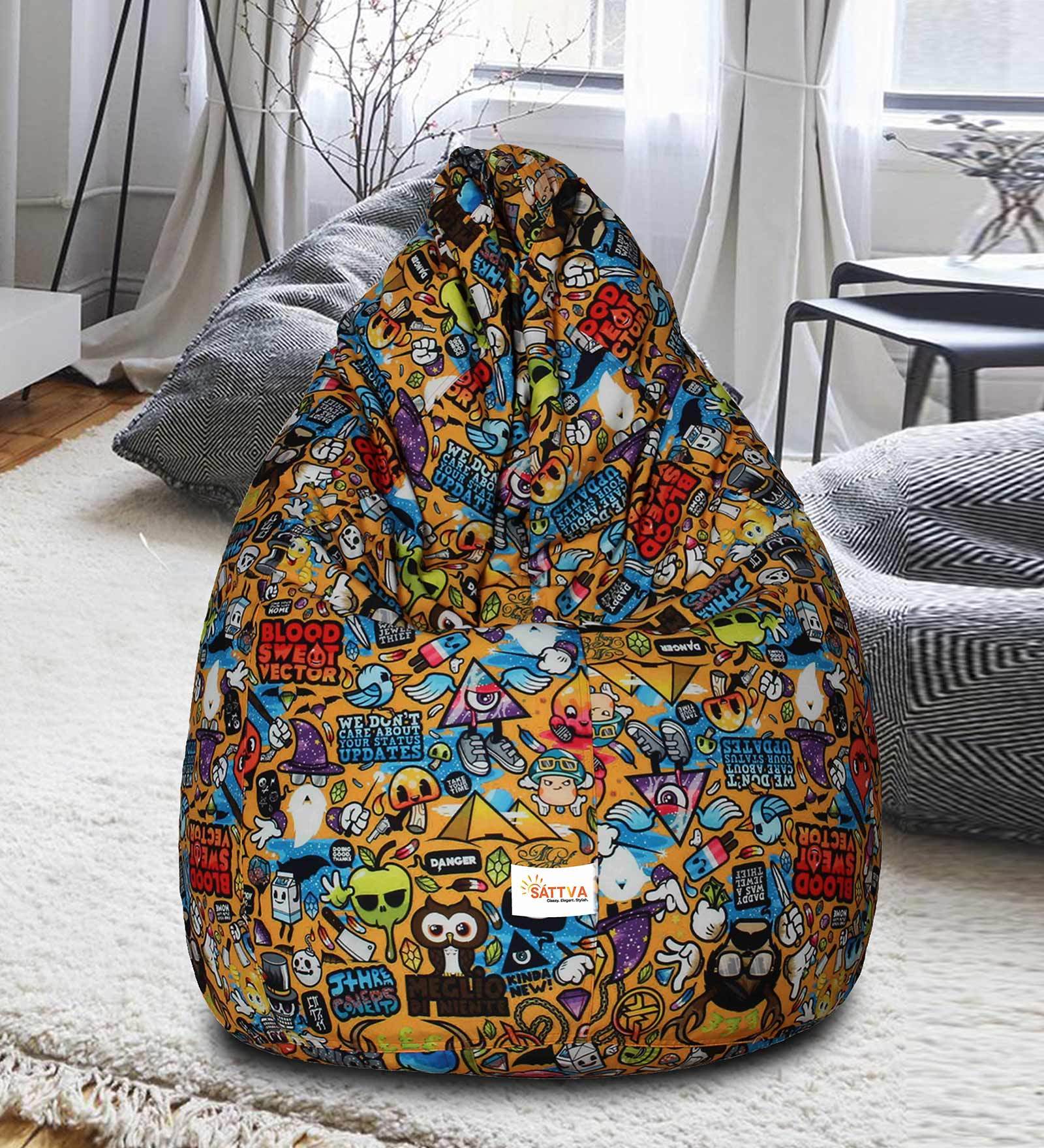 Cartoon Print XXXL Fabric Bean Bag with Beans in Yellow Colour