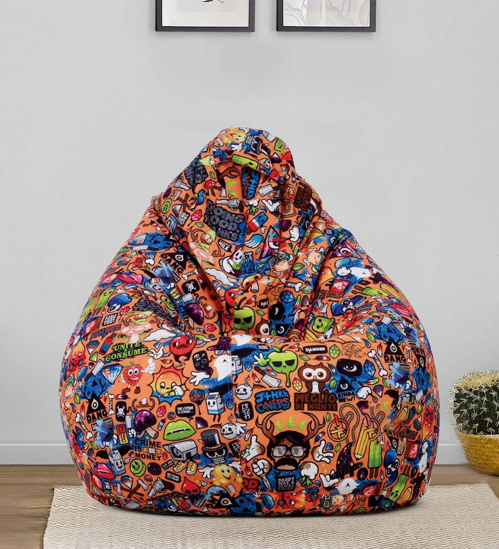 Cartoon Print XXXL Fabric Bean Bag with Beans in Orange Colour