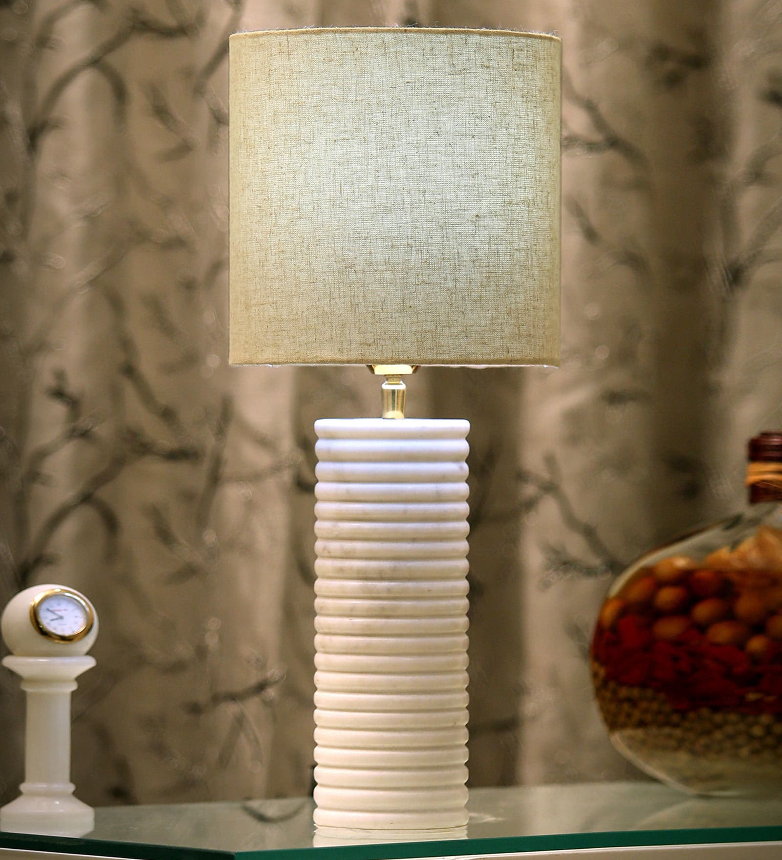 Carved (Way Beige Fabric Shade Table Led Lamp with White Base)
