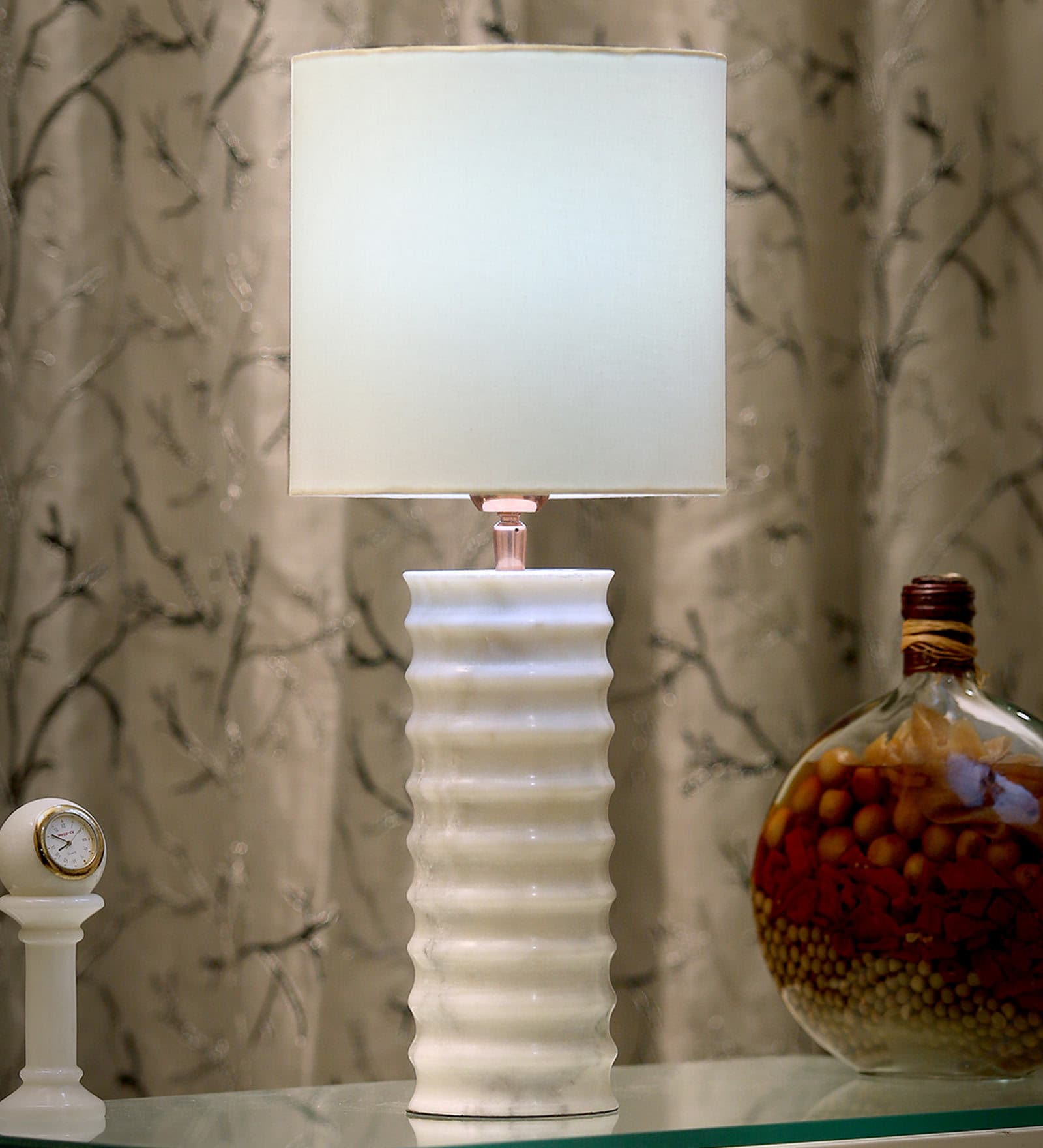Carved-Way White Fabric Shade Table LED Lamp With White Base