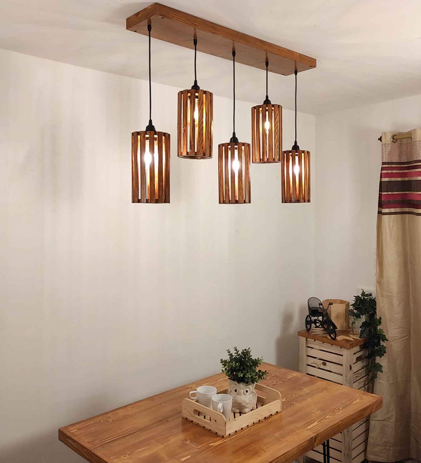 Casa 5 Lights Brown Solid Wood Linear Chandelier Cluster Hanging Light