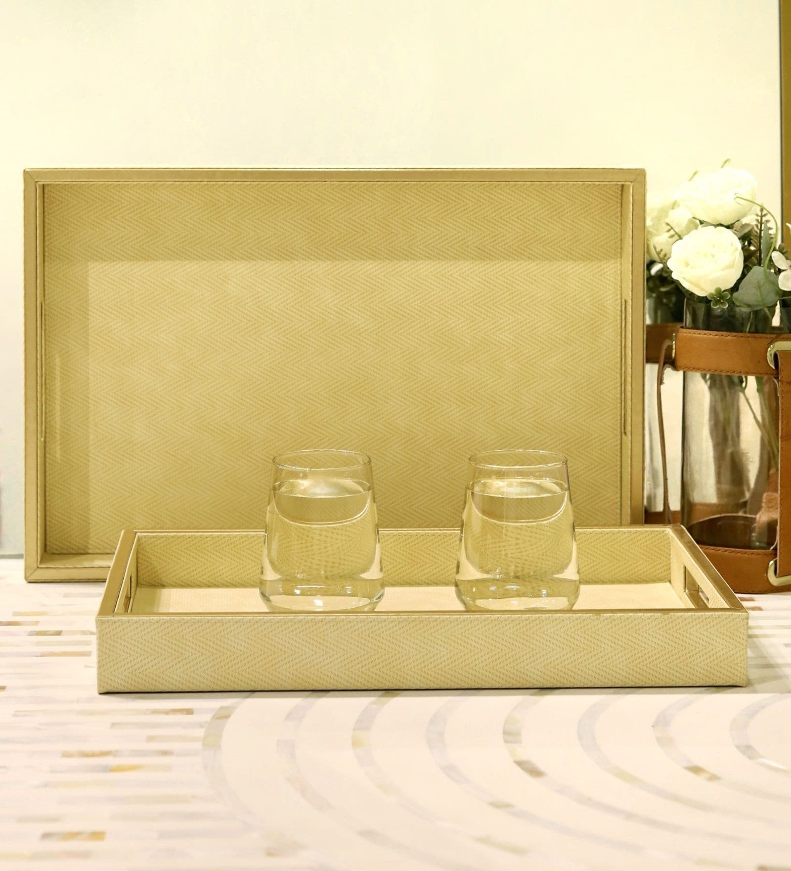 Casa Gold Cream Twill Leather Tray