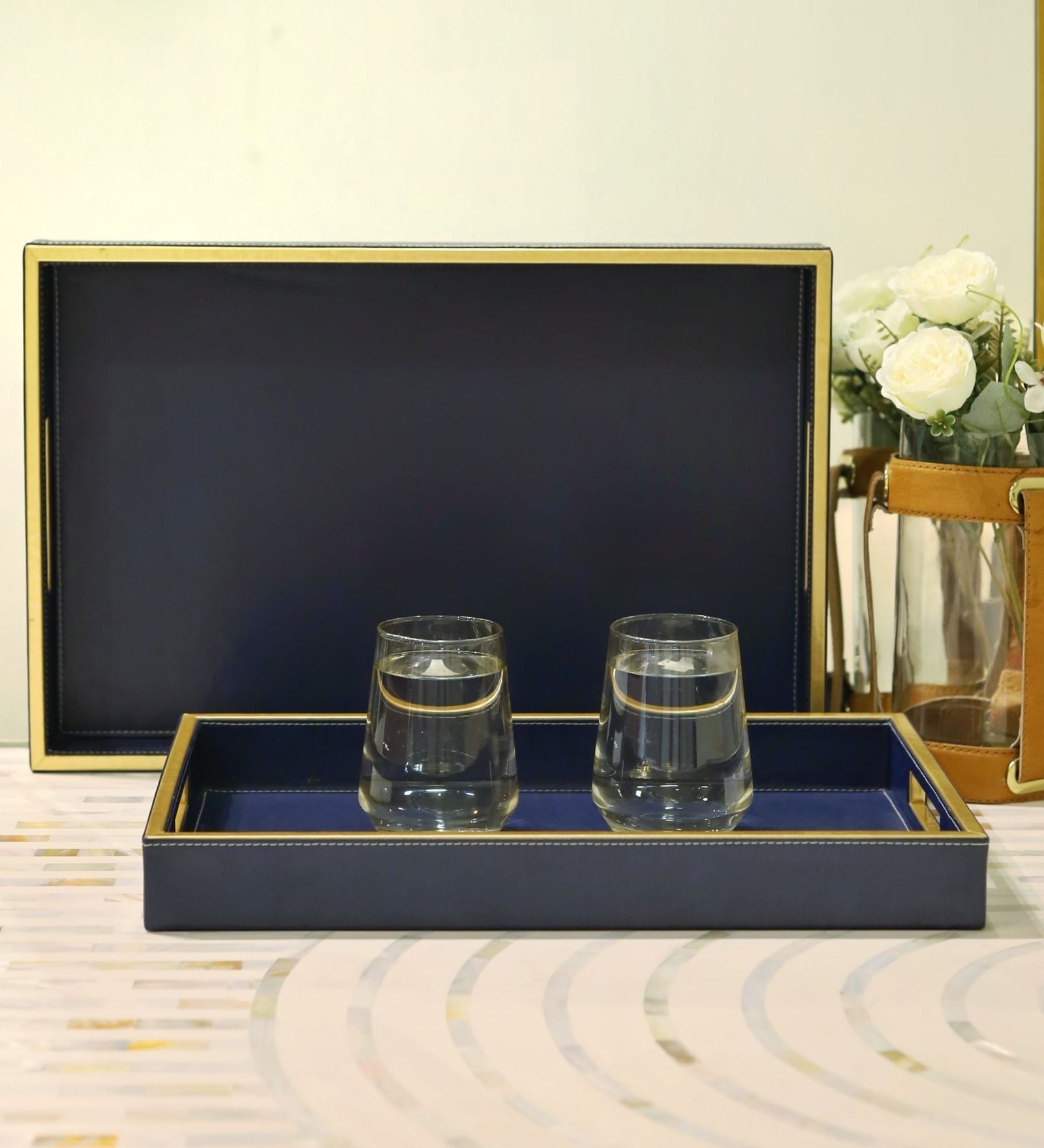 Casa Gold Ink Blue Leather Tray