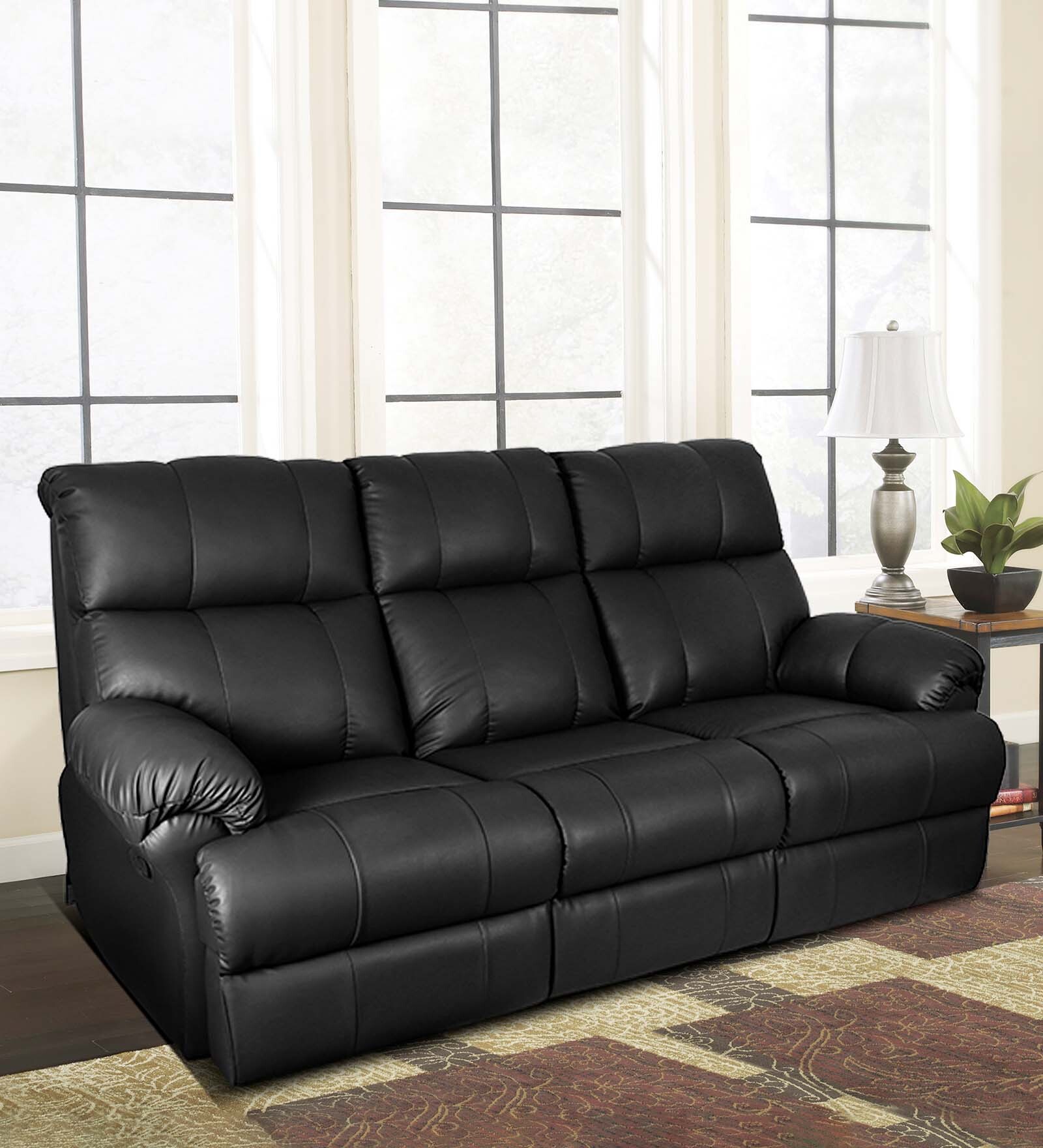 Casa Leatherette Manual 3 Seater Recliner in Black Colour