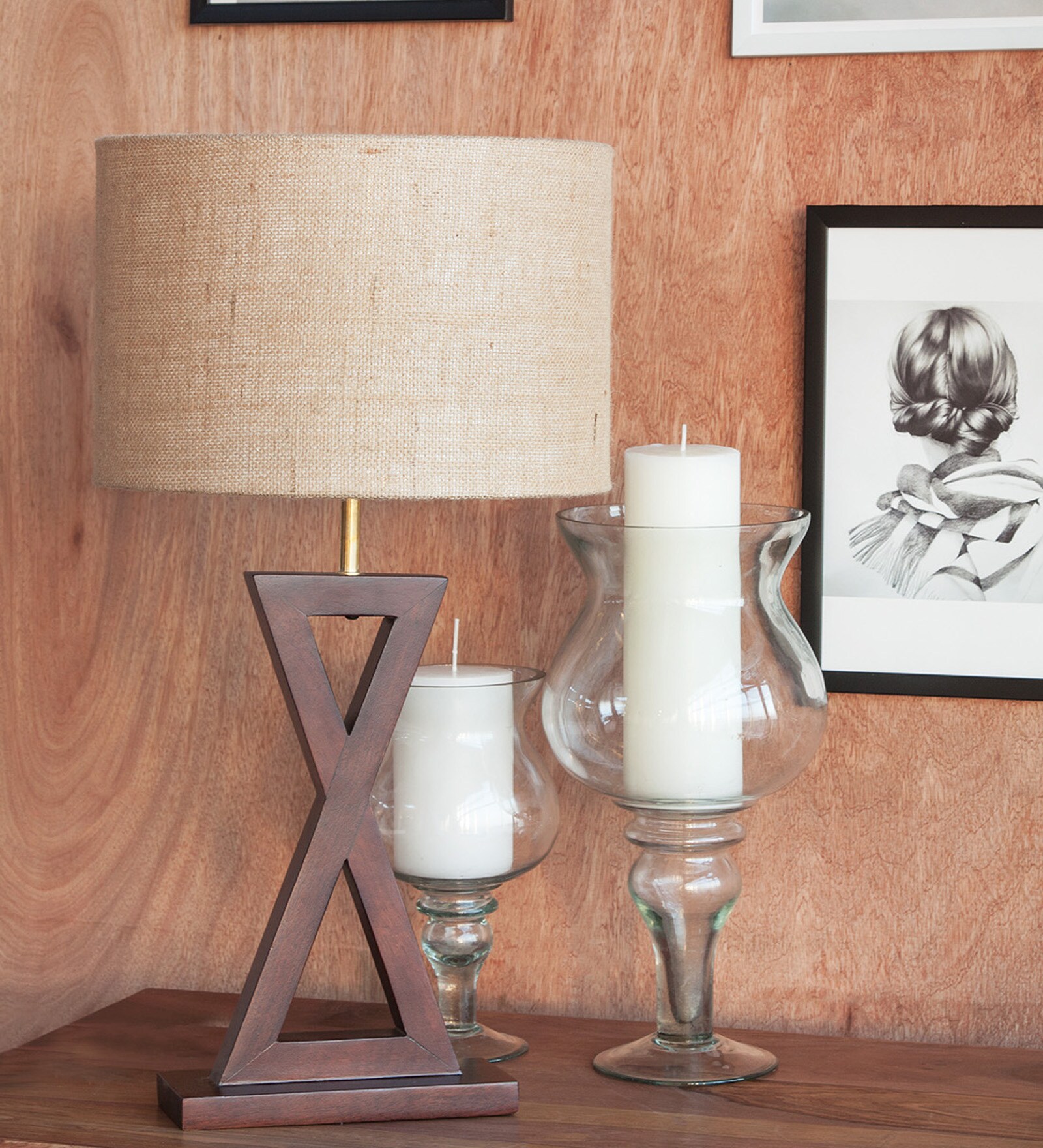 Corner Beige Natural Fiber Shade Night Lamp With Mango wood Base