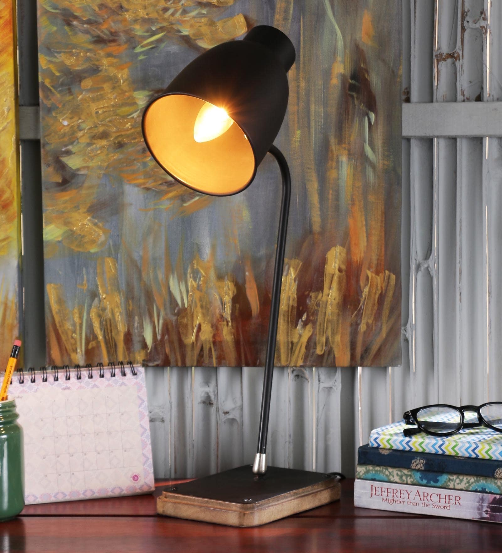 Adriana Black Study Lamp With Mango wood Base