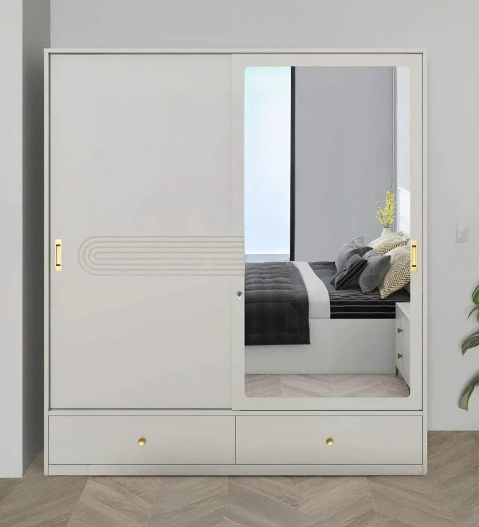 Casada 2 Door Sliding Wardrobe With Mirror & Drawer In Pumic Grey Finish
