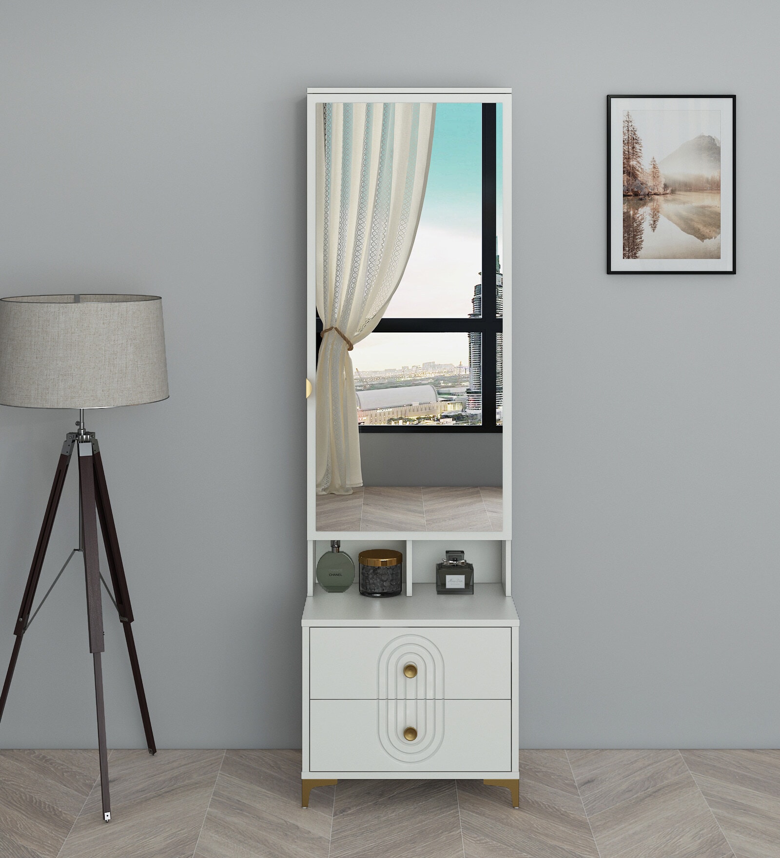 Casada Dressing Table With Hidden Mirror Storage In Pumic Grey Finish