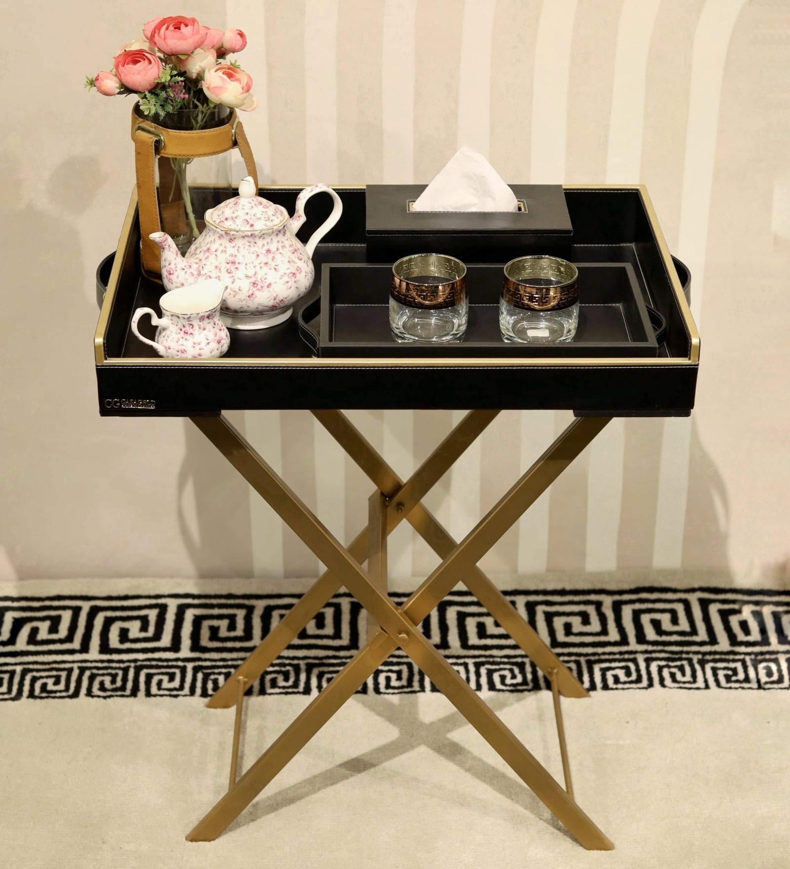 CasaGold Black Foldable Leather Butler Tray Table & Serving Tray & Tissue Box with Metal Stand